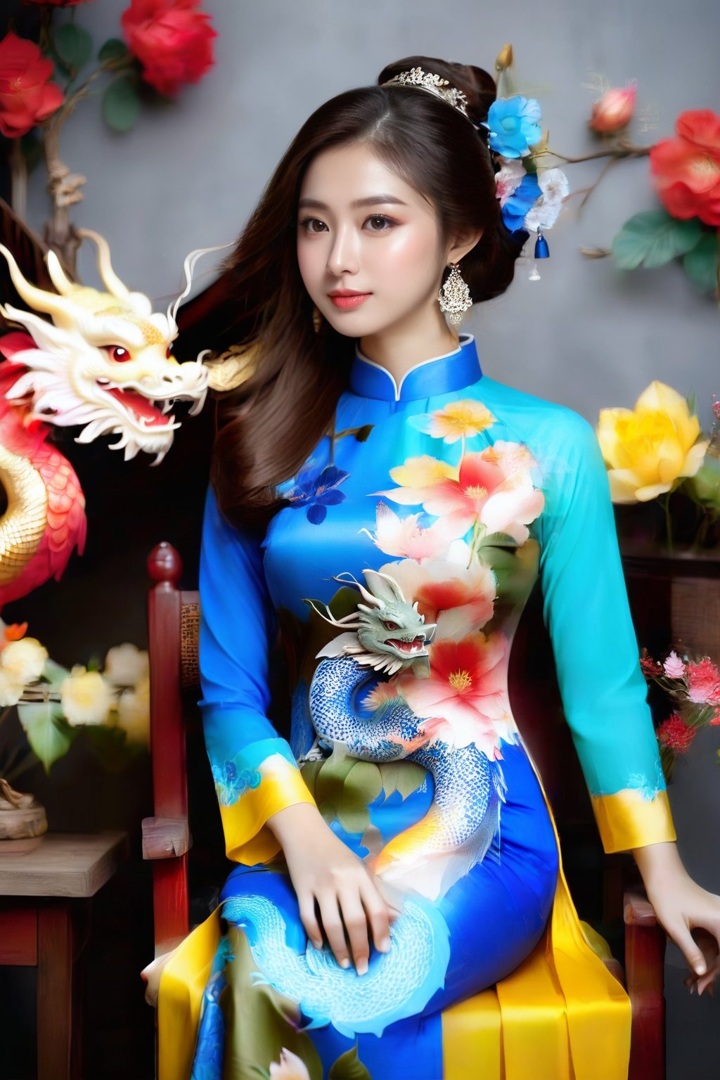 A portrait of a beautiful Vietnamese girl in a blue yellow ao dai with dragon and floral pattern, is seated on a wooden chair with a grey background behind her. The studio light is positioned to the right of the girl, casting a soft light on her face and dress.,1girl,Vietnam,girl,women,woman,beauty,ao dai