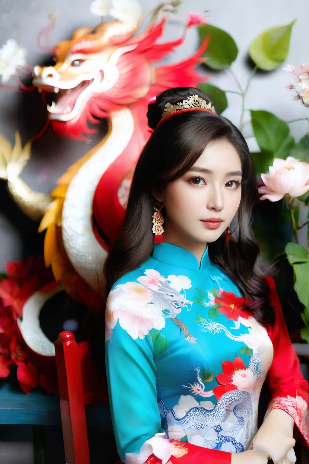 A portrait of a beautiful Vietnamese girl in a red ao dai with dragon and floral pattern, is seated on a wooden chair with a grey background behind her. The studio light is positioned to the right of the girl, casting a soft light on her face and dress.,1girl,Vietnam,girl,women,woman,beauty,ao dai