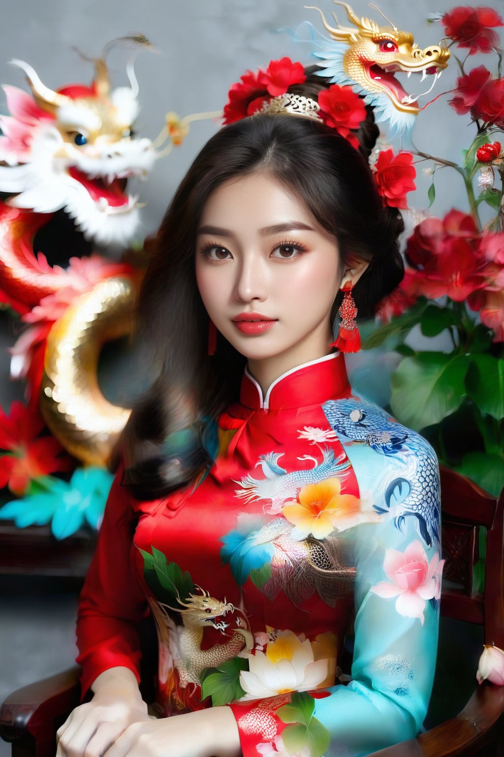 A portrait of a beautiful Vietnamese girl in a red ao dai with dragon and floral pattern, is seated on a wooden chair with a grey background behind her. The studio light is positioned to the right of the girl, casting a soft light on her face and dress.,1girl,Vietnam,girl,women,woman,beauty,ao dai