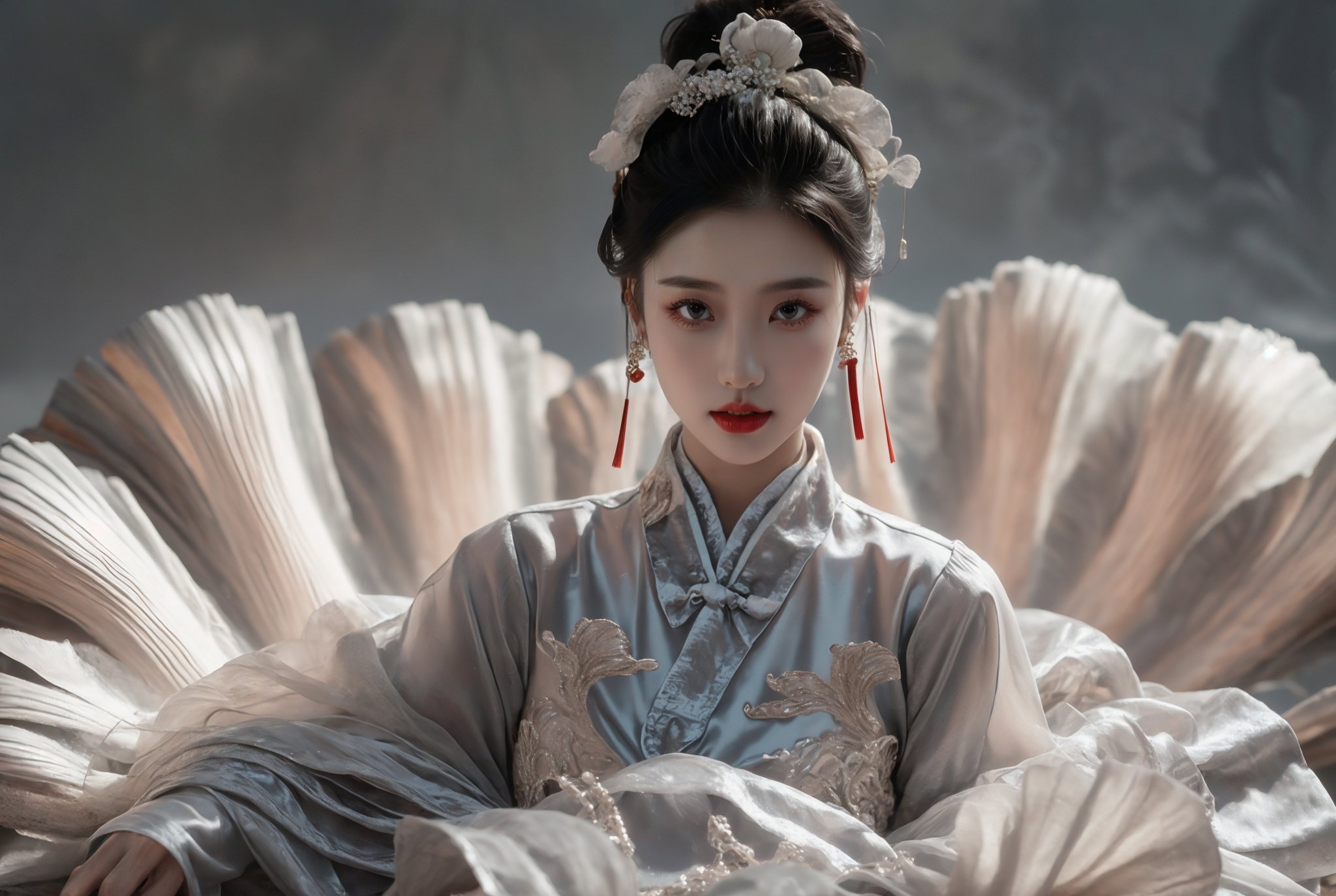 xuer Large shell, 1girl, jewelry, black hair, earrings, solo, long hair, realistic, looking at viewer, red lips, chinese clothes, grey background, long sleeves, upper body, hair ornament, lips, dress, white dress<lora:绪儿-贝壳王座 xuer Large shell:0.8>