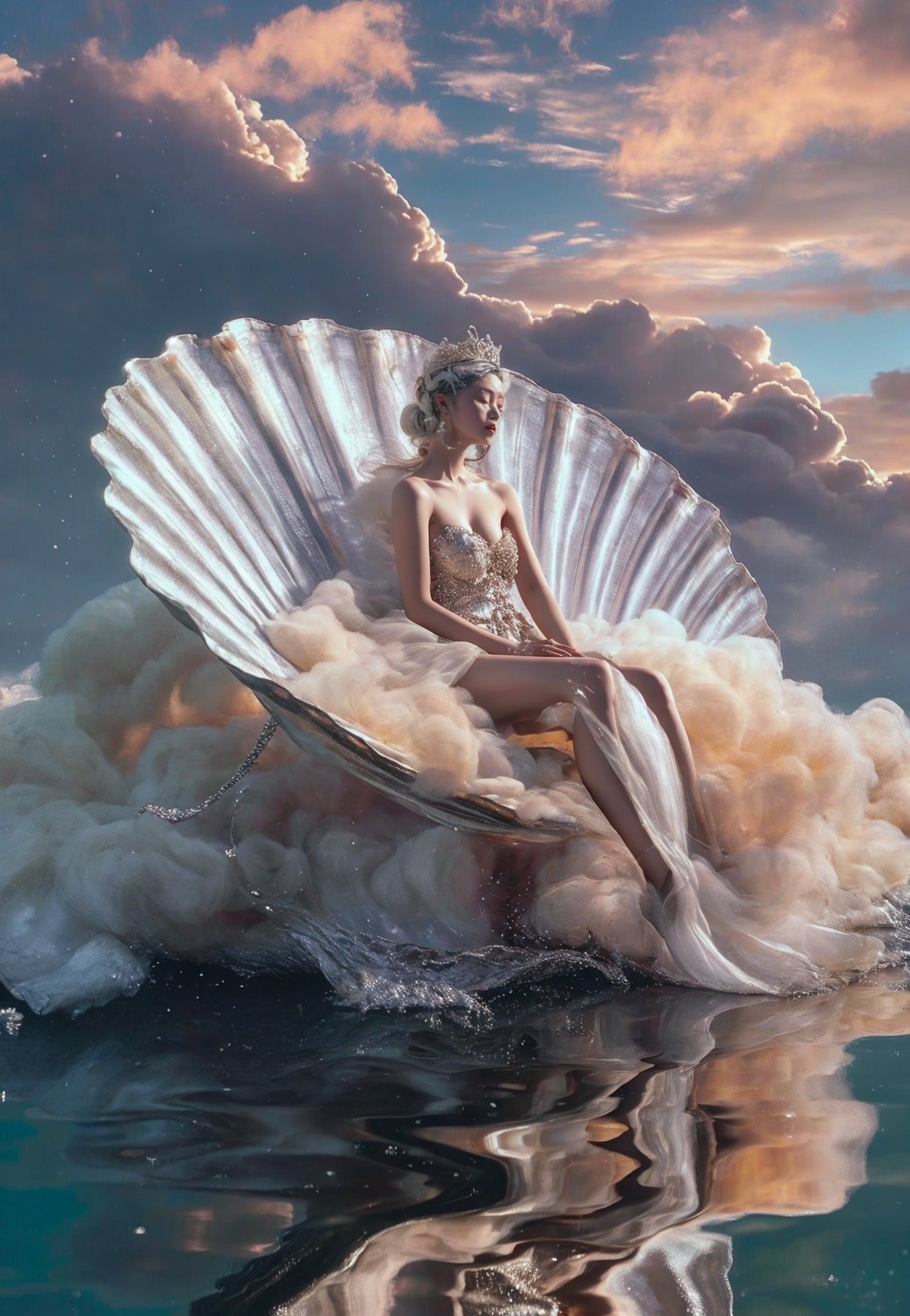 xuer Large shell, 1girl, solo, cloud, sitting, sky, water, dress, cloudy sky, bare shoulders, short hair, dark skin, tiara, reflection, closed eyes, breasts, crown, dark-skinned female, barefoot, outdoors<lora:绪儿-贝壳王座 xuer Large shell:0.8>