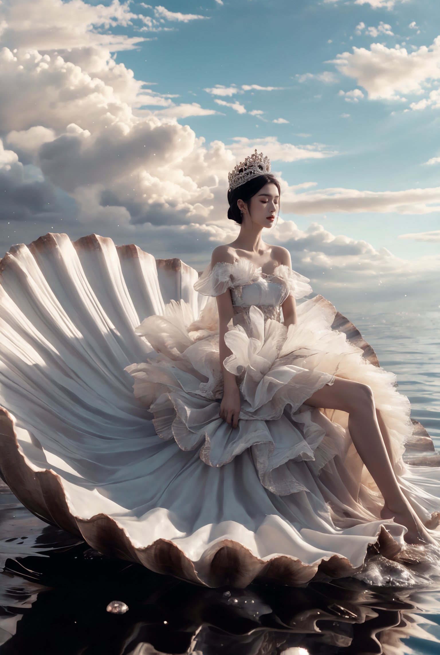 xuer Large shell, 1girl, solo, cloud, sitting, sky, water, dress, cloudy sky, bare shoulders, short hair, dark skin, tiara, reflection, closed eyes, breasts, crown, dark-skinned female, barefoot, outdoors<lora:绪儿-贝壳王座 xuer Large shell:0.8>