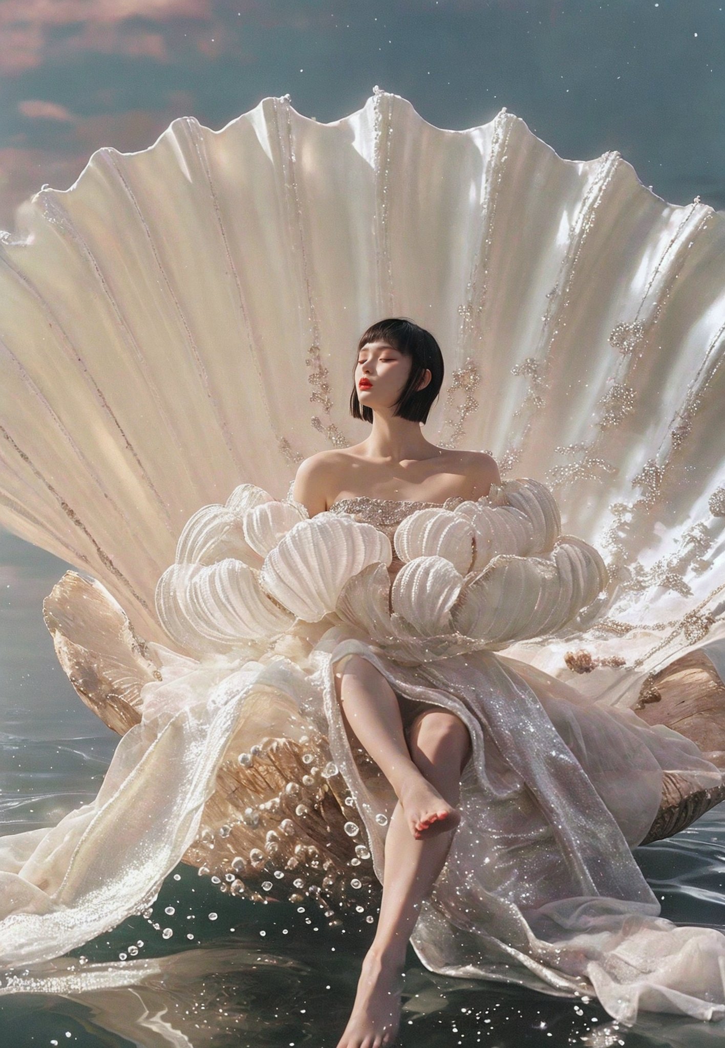 xuer Large shell, 1girl, solo, dress, closed eyes, black hair, short hair, barefoot, water, waves, red lips, bare shoulders, sky, sitting, white dress, bangs, realistic, cloud, blunt bangs, makeup, ocean, strapless, collarbone<lora:绪儿-贝壳王座 xuer Large shell:0.8>