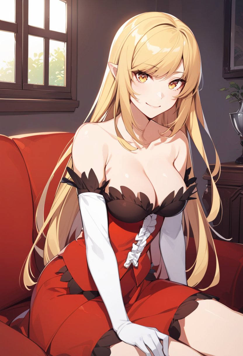 solo,  1girl,  kiss-shot,  smile,  looking at viewer,  sitting,  couch,  red dress,  white gloves,  elbow gloves,  bare shoulders,  cleavage,  indoors,  living room,<lora:EMS-281515-EMS:1.000000>