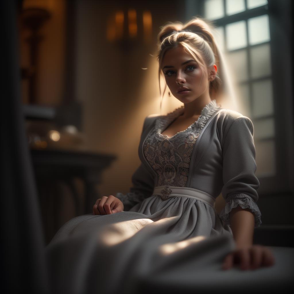 alexabliss, adult woman, sitting in an empty run down room, on a lonely stool, wearing ((prudish grey amish clothes)),  (masterpiece, best quality, ultra-detailed, best shadow), high contrast, (best illumination), ((cinematic light)), colorful, hyper detail, dramatic light, intricate details, (1 girl, solo) , ultra detailed artistic photography, dreamy, backlit, shadows, ultra high definition, 8k, ultra sharp focus, intricate artwork masterpiece, ultra high quality model, soft lighting, film photography, analogue photography, hyperrealism,<lyco:AlexaBliss:1.0>