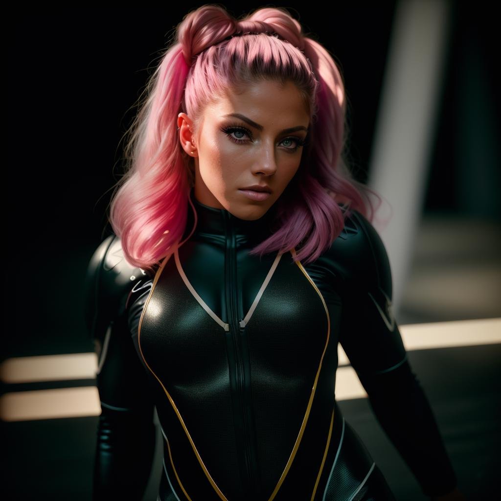 portrait of a woman wearing a (wrestling suit, leggings ),dramatic atmosphere, dim light,  high quality, natural colors, insane details, looking to the viewer, posing for the camera, (masterpiece, best quality, ultra-detailed, best shadow), high contrast, (best illumination), ((cinematic light)), colorful, hyper detail, dramatic light, intricate details, ultra detailed artistic photography, dreamy, backlit, shadows, ultra high definition, 8k, ultra sharp focus, intricate artwork masterpiece, ultra high quality model, soft lighting, film photography, analogue photography, hyperrealism, alexabliss,  <lyco:AlexaBliss:1.0>