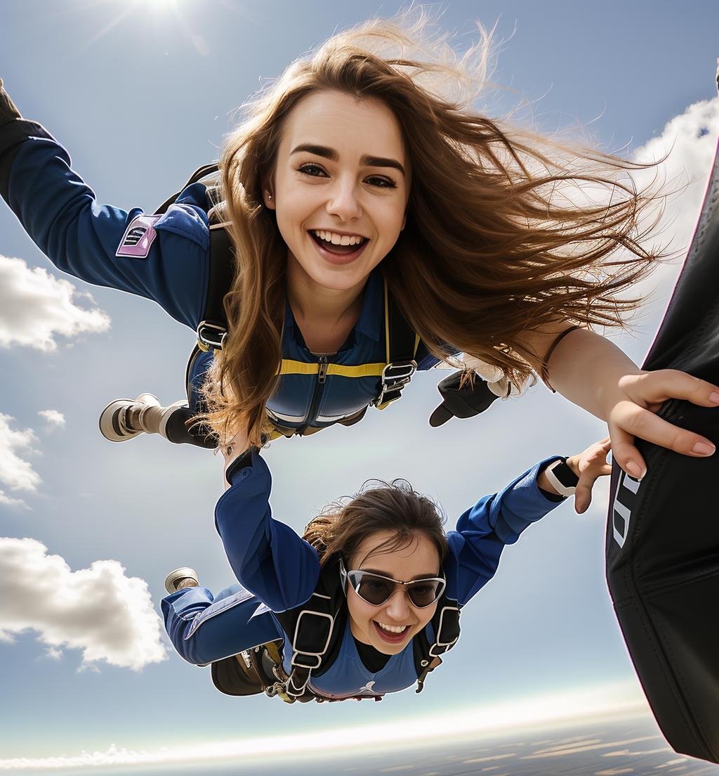 ((skydiving woman, falling, through the air, head down, full body, parachute)), masterpiece, best quality, ultra-detailed, (evening), (summer, sunny, long hair, wavy hair, messy hair, windy), cheerful, happy, googles, gloves, jumpsuit, shadows, contrast, clear sky, analog style (look at viewer:1.2) , solo, 1girl, ((full body, happy)), lcollins,  <lyco:Lcollins:0.75>