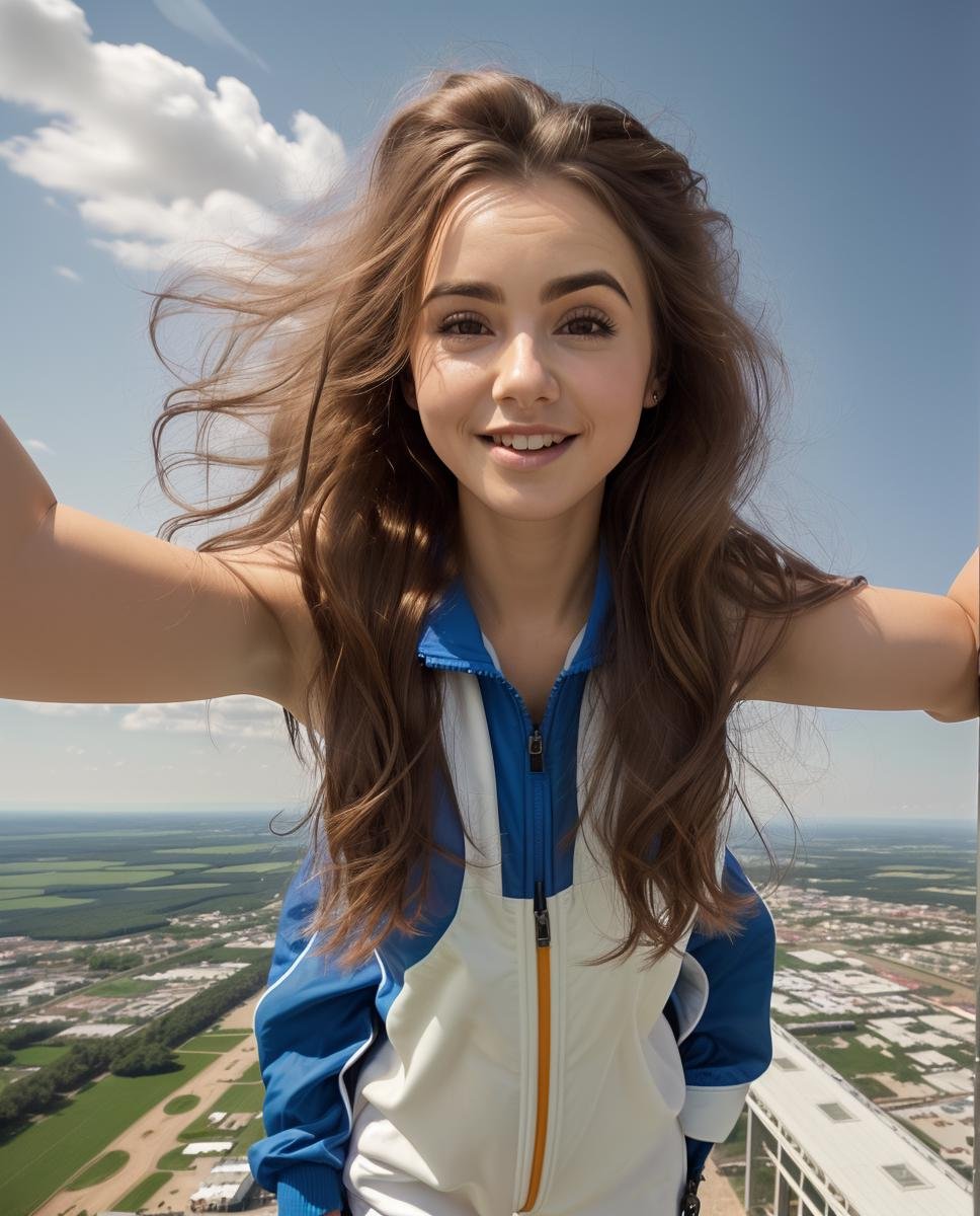 ((skydiving woman, falling through the sky, head down, down to earth, 25000 feet, full body, parachute)), masterpiece, best quality, ultra-detailed, (evening), (summer, sunny, long hair, wavy hair, messy hair, windy), cheerful, happy, googles, gloves, jumpsuit, shadows, contrast, clear sky, analog style (look at viewer:1.2) , solo, 1girl, ((full body, happy)), lcollins, <lyco:Lcollins:0.8>