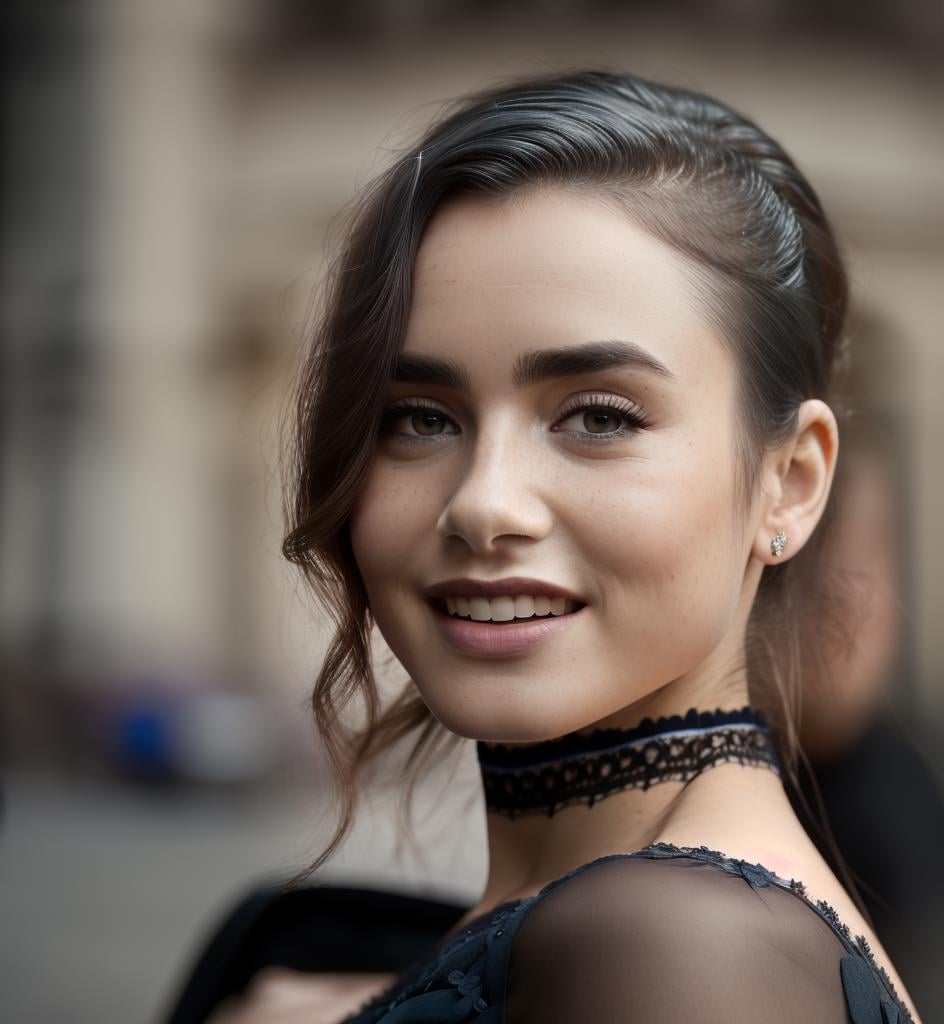 Photo of a woman wearing a (long black formal dress with off shoulder and red lace trim, subtle make-up, hollywood), standing on red carpet ((at night)), holding purse, smiling, open mouth, paparazzi and crowded audience in background,dramatic atmosphere, dim light, spotlight, long hair, ((detailed skin, pores, realistic skin, detailed face)), stockings, high quality, natural colors, insane details, looking to the viewer, posing for the camera, (masterpiece, best quality, ultra-detailed, best shadow), (beautiful detailed face), high contrast, (best illumination), ((cinematic light)), colorful, hyper detail, dramatic light, intricate details, (1 girl, solo, sharp face) , ultra detailed artistic photography, dreamy, backlit, shadows, ultra high definition, 8k, ultra sharp focus, intricate artwork masterpiece, realistic eyes, ultra high quality model, soft lighting, film photography, analogue photography, hyperrealism, lcollins,  <lyco:Lcollins:0.75>,