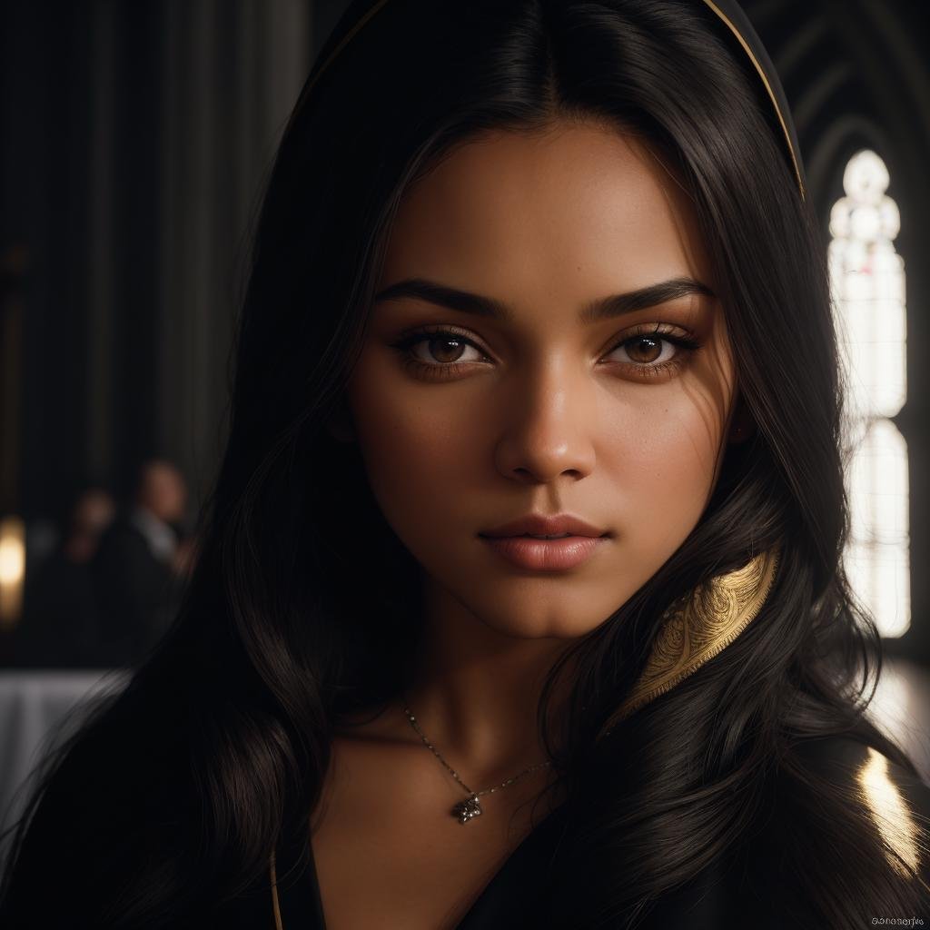 ((Portrait)) of a woman wearing a (nun's robe ), standing in front of an altar, in a church ((at night)), dramatic atmosphere, dim light,  public, long hair, ((detailed face, realistic eyes)), high quality, natural colors, insane details, looking to the viewer, posing for the camera, (masterpiece, best quality, ultra-detailed, best shadow), (beautiful detailed face), high contrast, (best illumination), ((cinematic light)), colorful, hyper detail, dramatic light, intricate details, (1 girl, solo, sharp face) , ultra detailed artistic photography, dreamy, backlit, shadows, ultra high definition, 8k, ultra sharp focus, intricate artwork masterpiece, realistic eyes, ultra high quality model, soft lighting, film photography, analogue photography, hyperrealism, jlucas, <lyco:Jlucas:1.0>