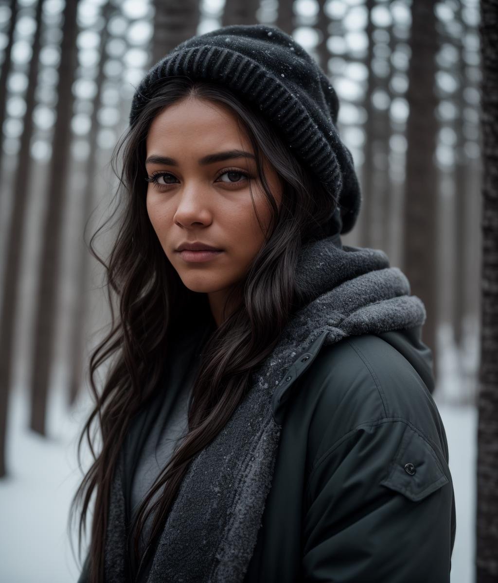 A photorealistic portrait of a scared woman with long hair, wearing a grey parka, black pullover, blue jeans, deep in the woods, dystopian dark forest at (night), natural skin texture, winter, snow, nightmare scenery, 24mm, 4k textures, soft cinematic light, RAW photo, photorealism, photorealistic, intricate, elegant, highly detailed, sharp focus, ((((cinematic look)))), soothing tones, insane details, intricate details, hyperdetailed, low contrast, low key, dim light, dim colors, exposure blend, hdr, faded,jlucas,  <lyco:Jlucas:1.0>