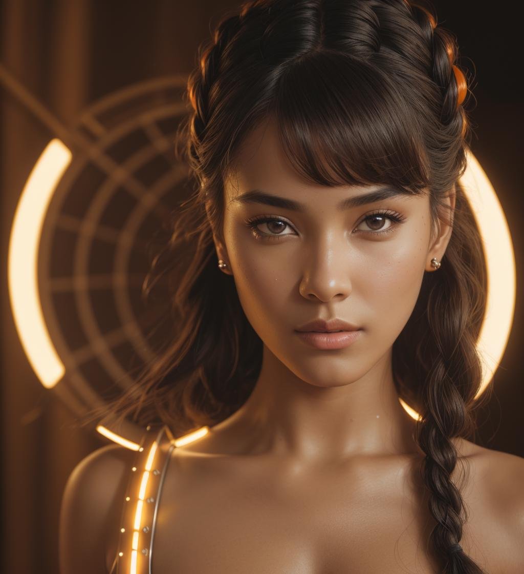 SciFi movie set, bangs, hair ornament, twin braids, looking at viewer, bodysuit, orange bodysuit, futuristic movie set background, futuristic body armor, (masterpiece, best quality, ultra-detailed, best shadow), high contrast, (best illumination), ((cinematic light)), colorful, hyper detail, dramatic light, intricate details, (1 girl, solo) , ultra detailed artistic photography, dreamy, backlit, shadows, ultra high definition, 8k, ultra sharp focus, intricate artwork masterpiece, ((sharp face, detailed face, realistic face, naturtal skin, realistic skin, detailed skin, pores, detailed eyes,realistic eyes)), ultra high quality model, soft lighting, film photography, analogue photography, hyperrealism,jlucas,  <lyco:Jlucas:1.0>