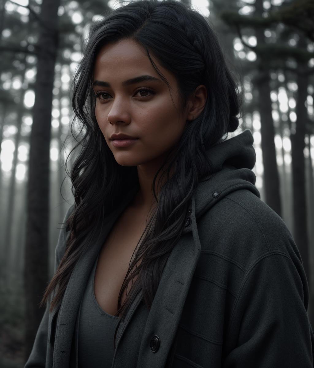 A photorealistic portrait of a woman with long hair, wearing a grey parka, black sweater, blue jeans, deep in the woods, dystopian dark forest, natural skin texture, hnightmare scenery, 24mm, 4k textures, soft cinematic light, RAW photo, photorealism, photorealistic, intricate, elegant, highly detailed, sharp focus, ((((cinematic look)))), soothing tones, insane details, intricate details, hyperdetailed, low contrast, soft cinematic light, dim colors, exposure blend, hdr, faded,jlucas,  <lyco:Jlucas:1.0>