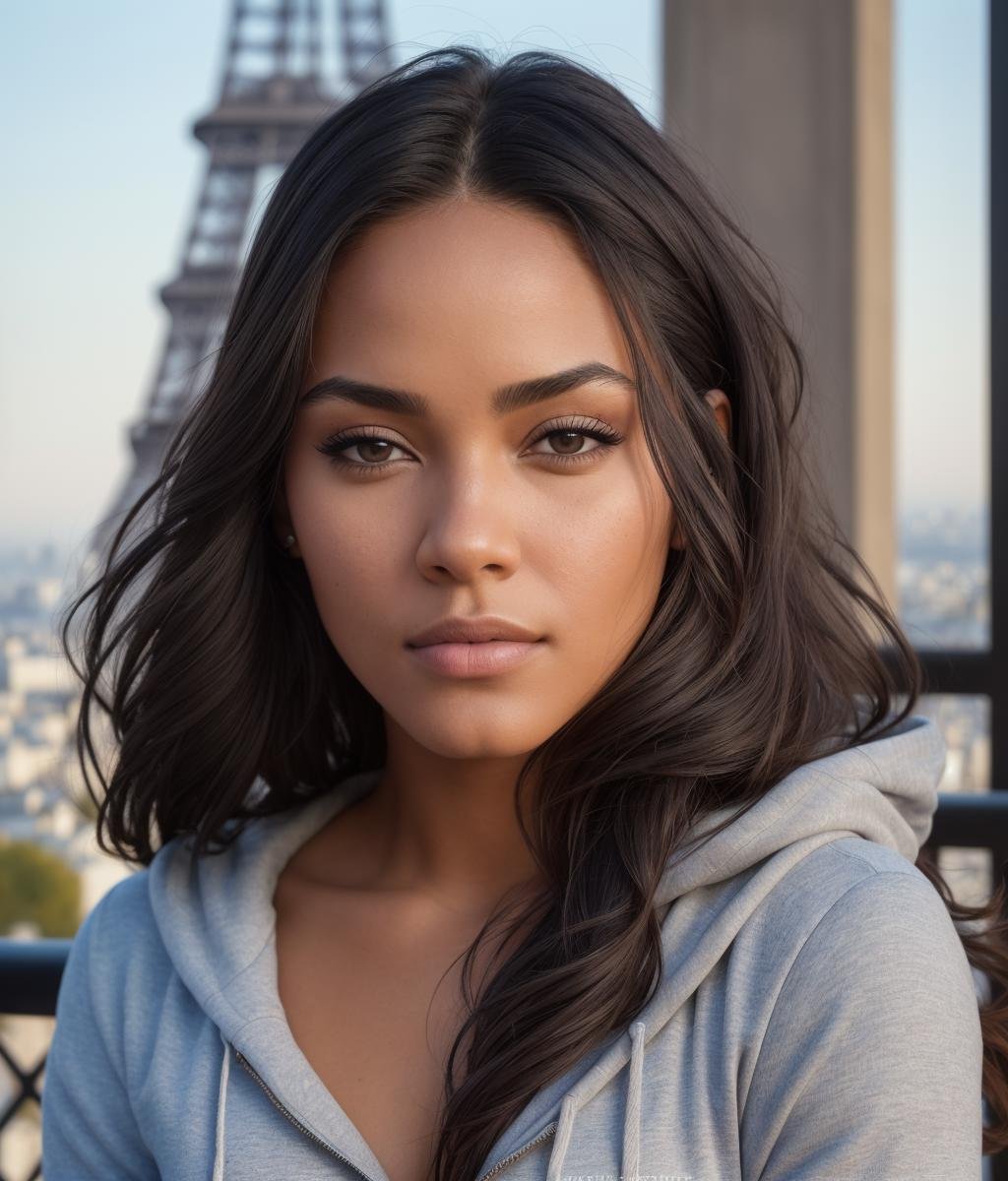 a woman wearing a light hoodie, dark sport leggins, on a balcony near the eiffel tower by sunset, mid shot,looking at the viewer, (masterpiece, best quality, ultra-detailed, best shadow), low key, muted colors, hyper detail, intricate details, (1 girl, solo) , ultra detailed photography, shadows, ultra high definition, 8k, ultra sharp focus, intricate artwork masterpiece, ((sharp face, detailed face, detailed facial structure, realistic face, naturtal skin, realistic skin, detailed skin, pores, detailed eyes, realistic eyes)), ultra high quality model, analogue photography, hyperrealism, jlucas,  <lyco:Jlucas:1.0>