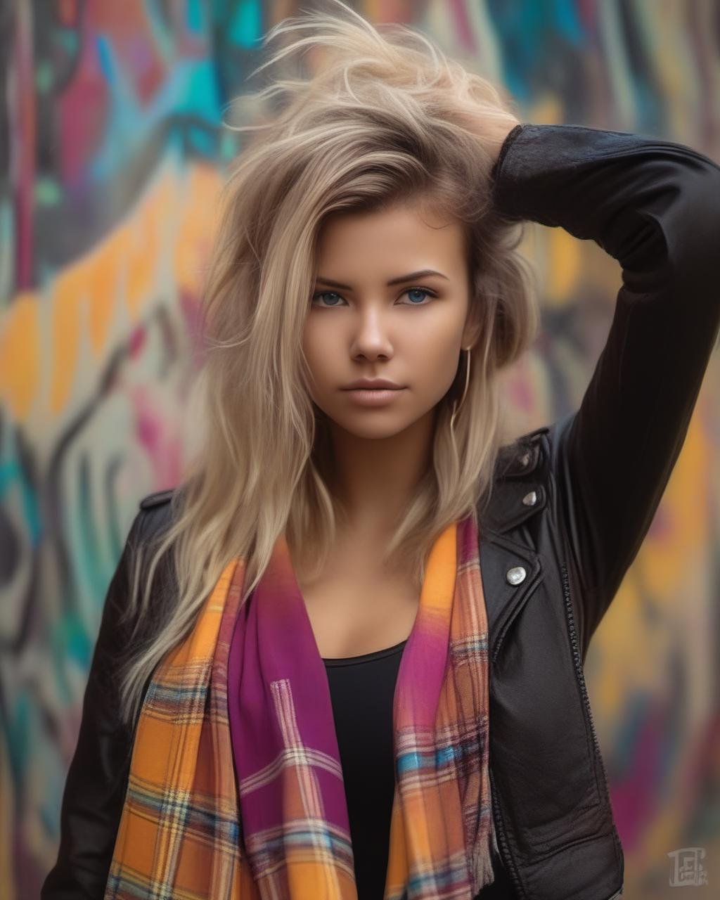 epic realistic, portrait, close up, halo, tartan scarf, black tshirt, brown leather jacket, gradient yellow, black, brown and magenta color scheme, grunge aesthetic, graffiti tag wall background, soft cinematic light, adobe lightroom, photolab, hdr, intricate, highly detailed, depth of field, faded, neutral colors, muted colors, hyperdetailed, warm lights, dramatic light, sharp face, detailed eyes, complex background, (teal and orange:0.4), natalee, <lora:NataLeeXL:1>