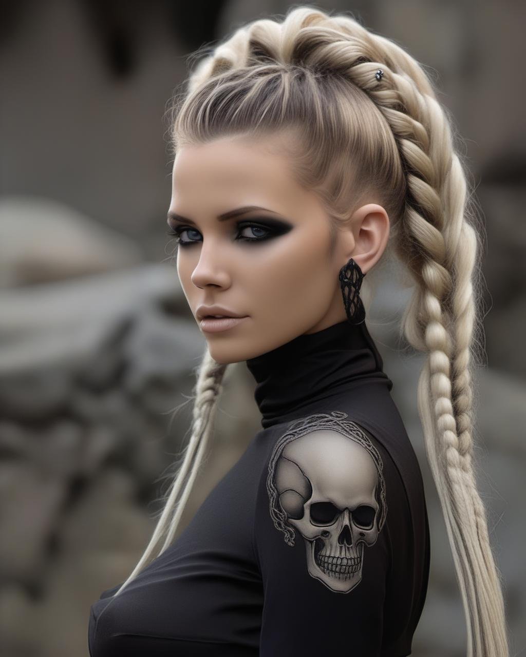 octane render, hdr, 8k render wallpaper, a beautifull gothic woman with (subtle black make-up), (turtleneck Black dresses with lace and skulls accents) , (long braided ash blonde hair), (hair ornaments, earrings, skull hair ornaments, skull hair ornaments), in a Science Fiction world, ultra detailed eyes, (best quality, ultra highres, ultra-detailed), portrait, detailed skin, looking at viewer, (firescape background), natalee, <lora:NataLeeXL:1.0>,