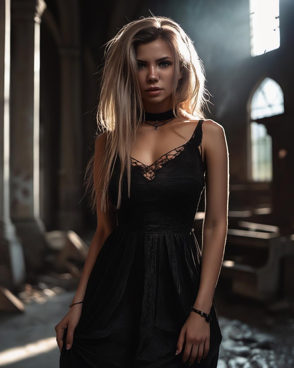 1girl, portrait, close up, dim, (dark, night, dark background), (inside abandoned church, horror atmosphere, noir style, dramatic lighting, muted colors, low key), long hair, gothic dress, dark makeup, dusty clothes,choker, red and black, high quality, best quality, masterpiece, cinematic lighting,natalee, <lora:NataLeeXL:1.0>,