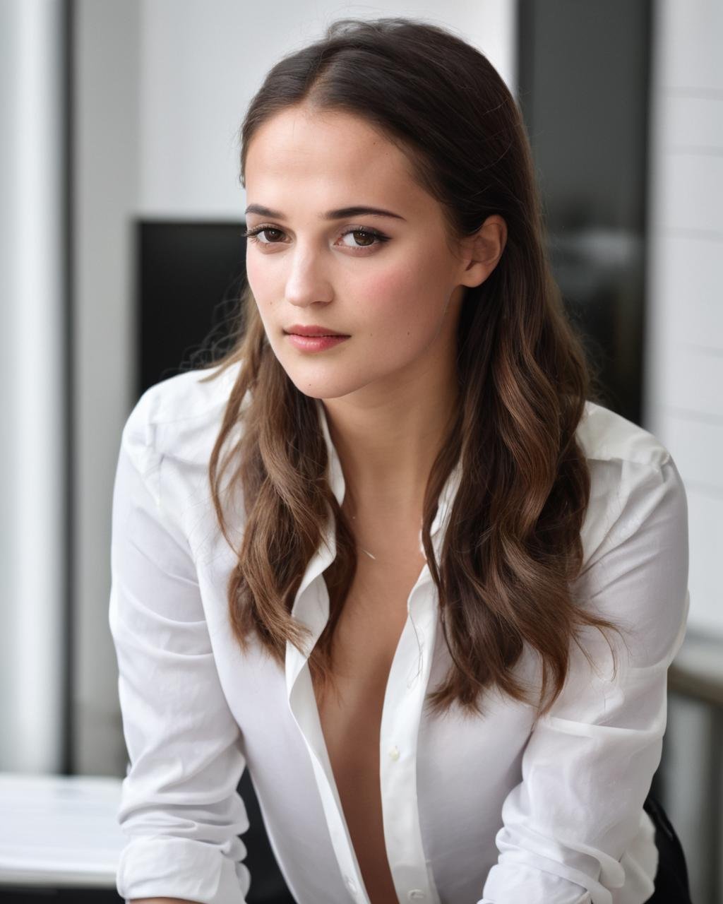 a office secretary ,dressed in a white male shirt  and (black office skirt) and (black hold-ups), sunlight, RAW photo, full sharp, detailed face (high detailed skin:1.2), 8k uhd, dslr, soft lighting, high quality, Fujifilm XT3,alicia_vikander,<lora:AliciaVikanderXL:1>, ((sharp face, detailed face, realistic face, naturtal skin, realistic skin, detailed skin, pores, sharp eyes, detailed eyes,realistic eyes)),