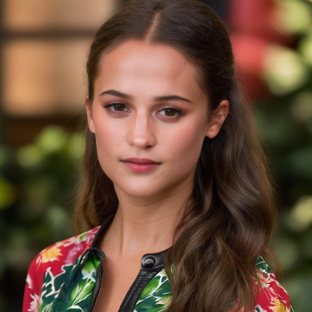 eyelashes, face, lips, looking at viewer, nose, teeth, realistic, solo, (rainbow colored shirt, Fiery red Rashguard, green , Printed pants, (dorm room, greenhouse), (wavy hair, gsubtlemakeup, wine skin, shy, confident, pride. alicia_vikander,<lora:AliciaVikanderXL:1>, ((sharp face, detailed face, realistic face, naturtal skin, realistic skin, detailed skin, pores, sharp eyes, detailed eyes,realistic eyes)),