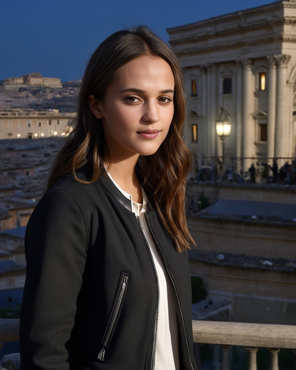 tourist, exploring Rome, portrait, mid shot, misty, foggy, wearing a (black jacket) ,white shirt, happy, smiling, pants, alicia_vikander,<lora:AliciaVikanderXL:1>, ((sharp face, detailed face, realistic face, naturtal skin, realistic skin, detailed skin, pores, sharp eyes, detailed eyes,realistic eyes)),, (masterpiece, best quality, ultra-detailed, best shadow), high contrast, (best illumination), ((cinematic light)), colorful, hyper detail, dramatic light, intricate details, (1 girl, solo) , ultra detailed artistic photography, dreamy, backlit, shadows, ultra high definition, 8k, ultra sharp focus, ultra high quality model, soft lighting, film photography, analogue photography, hyperrealism,