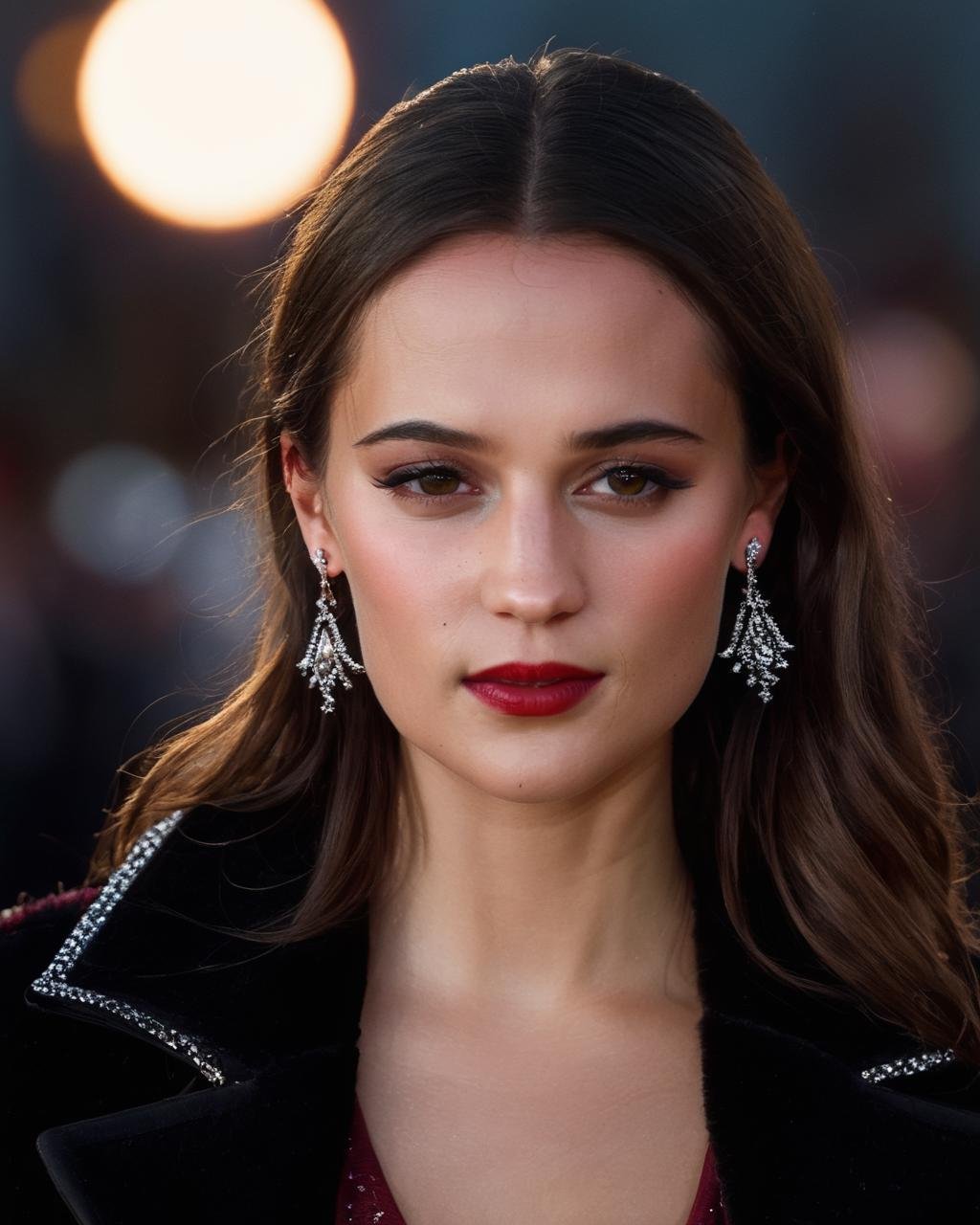 close up, ((portrait, red shirt , black jacket, black pants)), city at night, (( dark night, midnight, full moon, starry sky)), jewelry, earrings, makeup, lips, lipstick, gem, hat, eyeshadow, gloves, fur trim,alicia_vikander,<lora:AliciaVikanderXL:1>, (masterpiece, best quality, ultra-detailed, best shadow), high contrast, (best illumination), ((cinematic light)), colorful, hyper detail, dramatic light, intricate details, (1 girl, solo) , ultra detailed artistic photography, dreamy, backlit, shadows, ultra high definition, 8k, ultra sharp focus, ultra high quality model, soft lighting, film photography, analogue photography, hyperrealism,, ((sharp face, detailed face, realistic face, naturtal skin, realistic skin, detailed skin, pores, sharp eyes, detailed eyes,realistic eyes)),