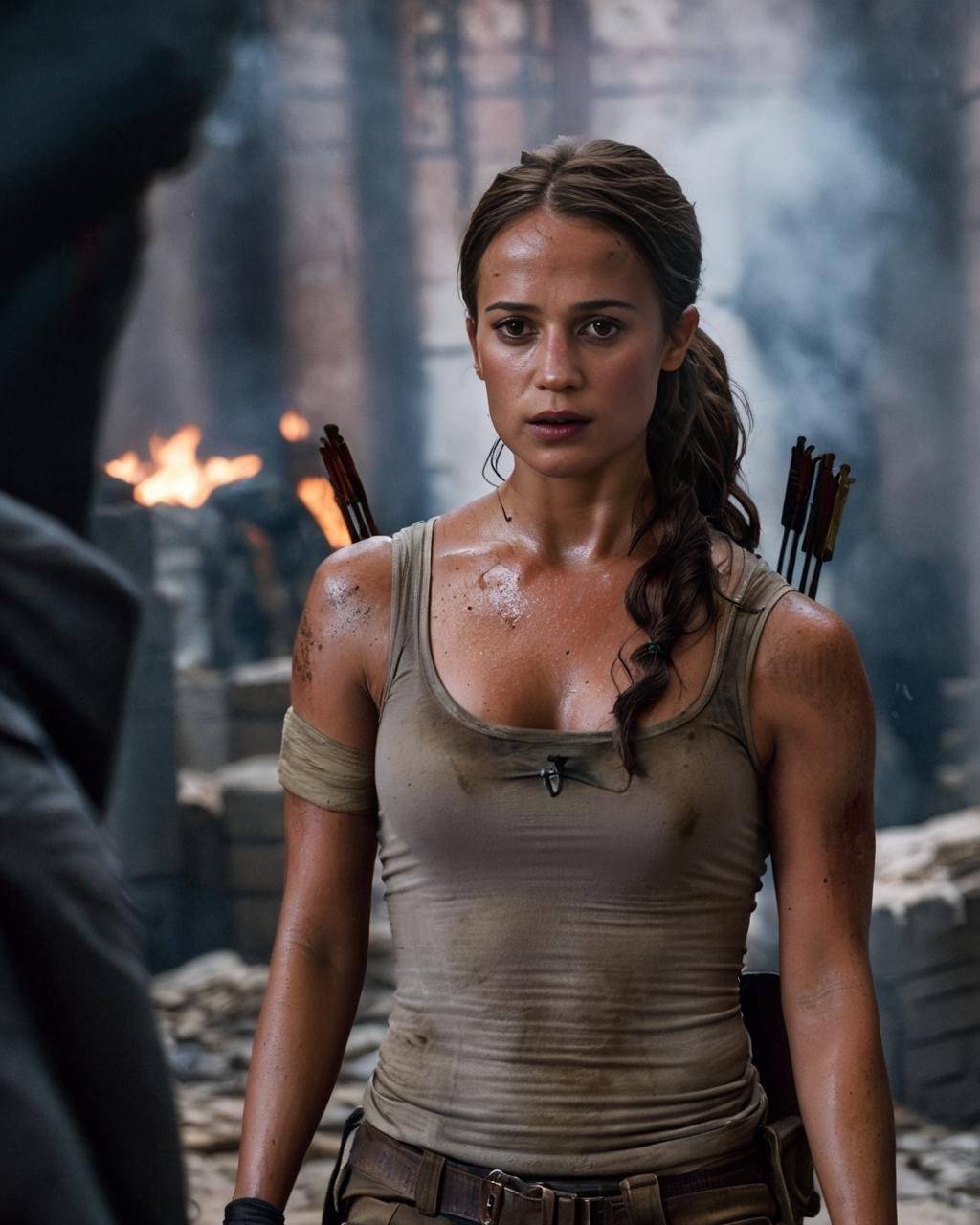 alicia_vikander as Lara croft, tomb raider, exploring ancient ruins, military shirt, leather jacket, covered in dust, dusty skin, fire, smoke, fog, night, dust, destroyed buildings, light effects, swirling light around the character, depth of field,light particles,magic circle, ash particles, dulux, ,<lora:AliciaVikanderXL:1>, ((sharp face, detailed face, realistic face, naturtal skin, realistic skin, detailed skin, pores, sharp eyes, detailed eyes,realistic eyes)),