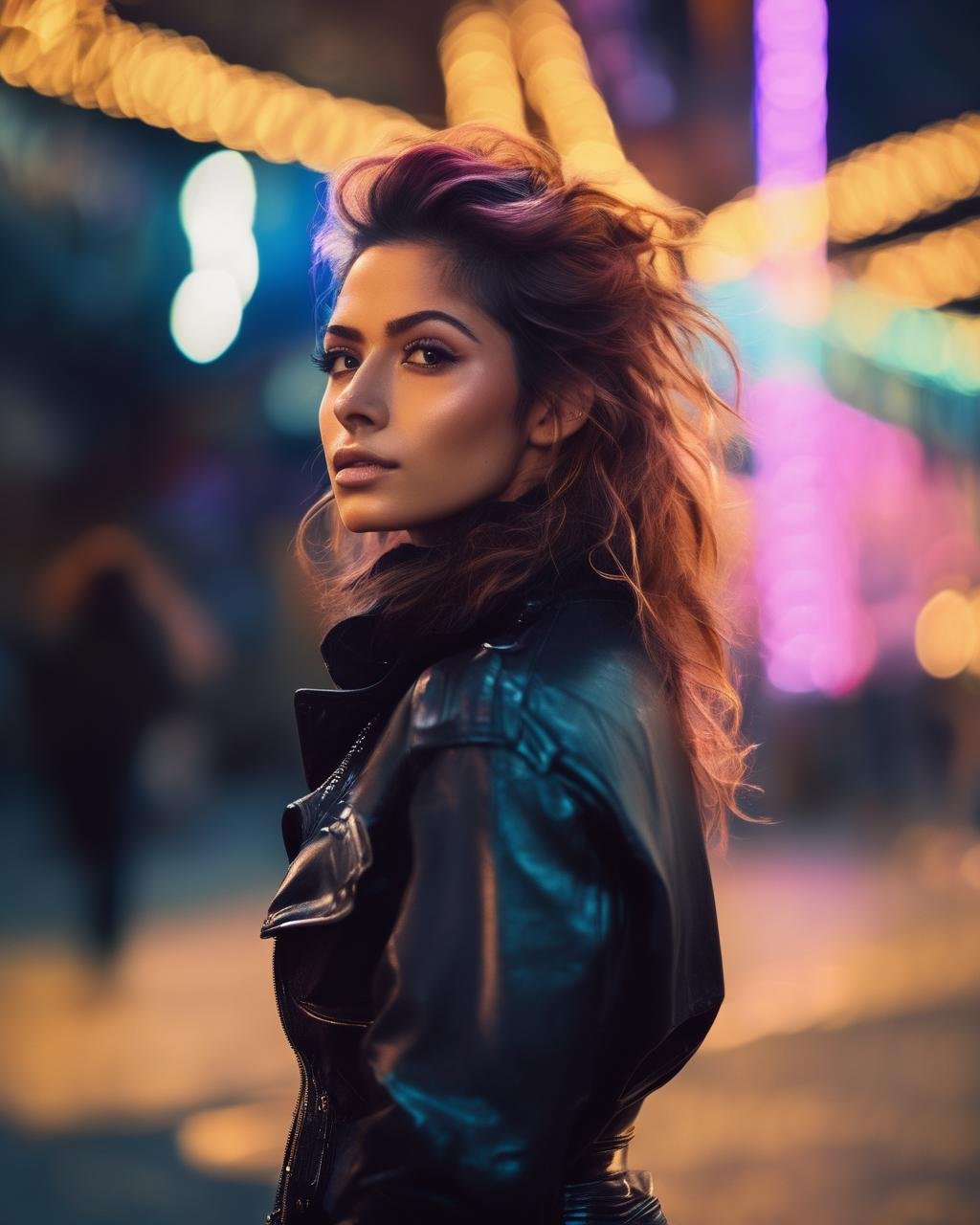1 girl, multicoloured hair, night, neon sign backlight, looking at the viewer, side lighting, complex hairstyle, midnight ,((explosion,mushroom cloud in background)), sarahshahi,  <lora:SarahShahiXL:1.0>, (masterpiece, best quality, ultra-detailed, best shadow), high contrast, (best illumination), ((cinematic light)), colorful, hyper detail, dramatic light, intricate details, (1 girl, solo) , ultra detailed artistic photography, dreamy, backlit, shadows, ultra high definition, 8k, ultra sharp focus, ultra high quality model, soft lighting, film photography, analogue photography, hyperrealism,, ((sharp face, detailed face, realistic face, naturtal skin, realistic skin, detailed skin, pores, sharp eyes, detailed eyes,realistic eyes)),