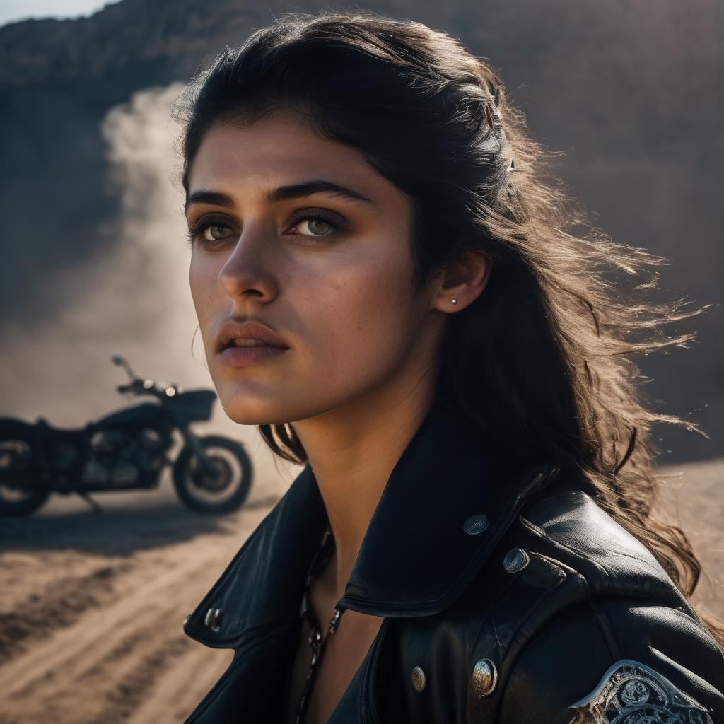 anya_chalotra, <lora:AnyaChalotraXL:1>,female biker,  portrait, leather suit, mad max fashion style. desolate wasteland, apocalypse background, destroyed cars, ruins,, (masterpiece, best quality, ultra-detailed, best shadow), high contrast, (best illumination), ((cinematic light)), colorful, hyper detail, dramatic light, intricate details, (1 girl, solo) , ultra detailed artistic photography, dreamy, backlit, shadows, ultra high definition, 8k, ultra sharp focus, ultra high quality model, soft lighting, film photography, analogue photography, hyperrealism,, ((sharp face, detailed face, realistic face, naturtal skin, realistic skin, detailed skin, pores, detailed eyes,realistic eyes)),