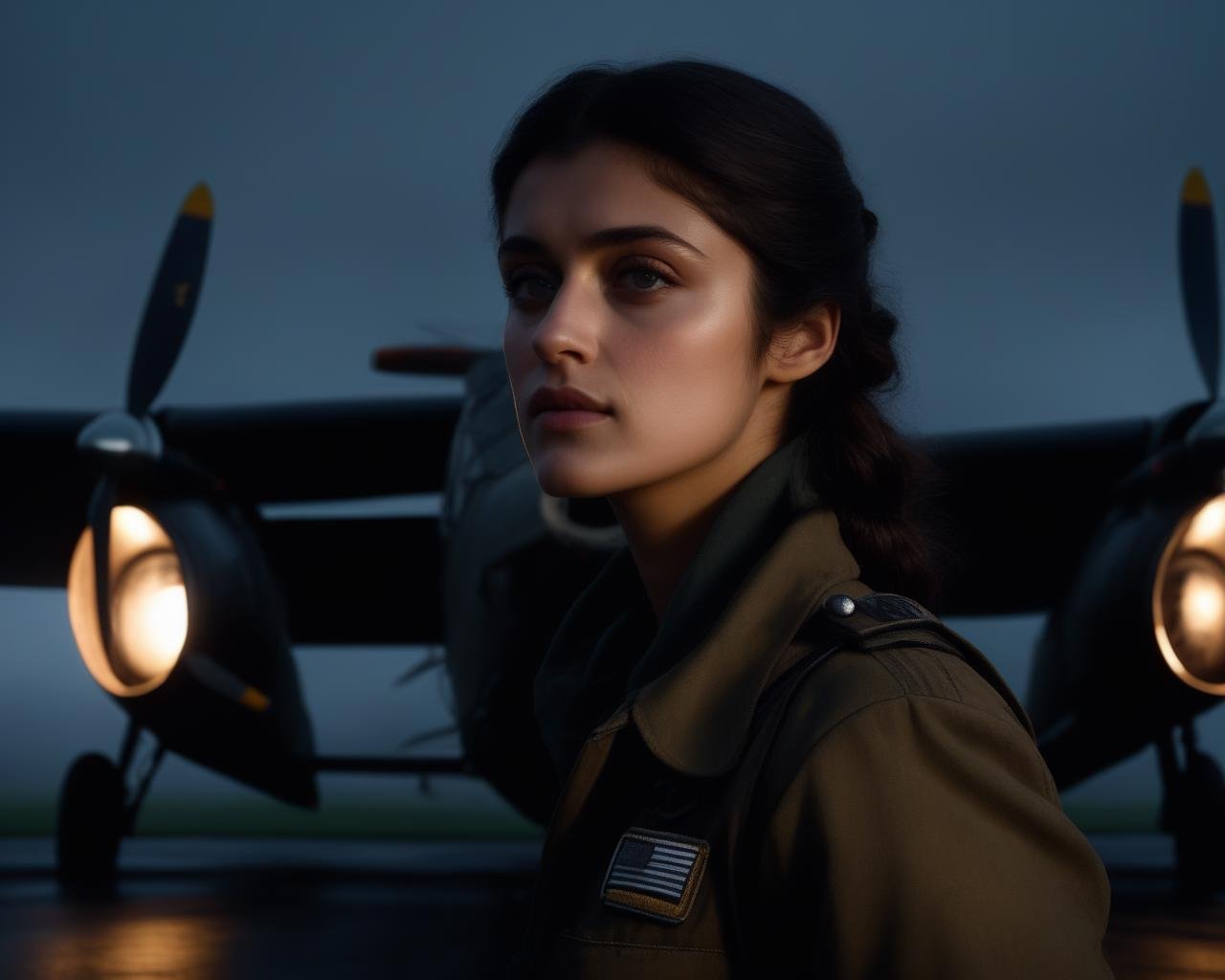 anya_chalotra, <lora:AnyaChalotraXL:1>,female pilot, ww2, world war 2, wearing a pilot jumpsuit,  ((foggy night, midnight, red moon)),, ((sharp face, detailed face, realistic face, naturtal skin, realistic skin, detailed skin, pores, detailed eyes,realistic eyes)),, (masterpiece, best quality, ultra-detailed, best shadow), high contrast, (best illumination), ((cinematic light)), colorful, hyper detail, dramatic light, intricate details, (1 girl, solo) , ultra detailed artistic photography, dreamy, backlit, shadows, ultra high definition, 8k, ultra sharp focus, ultra high quality model, soft lighting, film photography, analogue photography, hyperrealism,