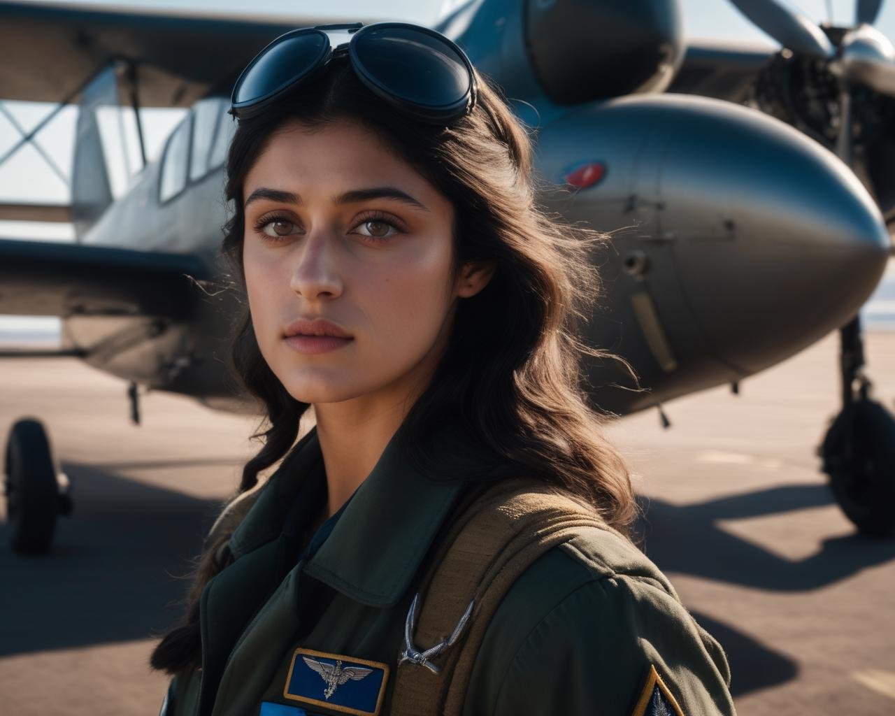 anya_chalotra, <lora:AnyaChalotraXL:1>,pilot jumpsuit, ((military uniform)), pilot, ,standing next to a plane, in front of the camera,, ((sharp face, detailed face, realistic face, naturtal skin, realistic skin, detailed skin, pores, detailed eyes,realistic eyes)),, (masterpiece, best quality, ultra-detailed, best shadow), high contrast, (best illumination), ((cinematic light)), colorful, hyper detail, dramatic light, intricate details, (1 girl, solo) , ultra detailed artistic photography, dreamy, backlit, shadows, ultra high definition, 8k, ultra sharp focus, ultra high quality model, soft lighting, film photography, analogue photography, hyperrealism,