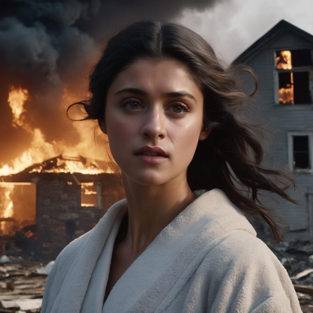 anya_chalotra, <lora:AnyaChalotraXL:1>,desperate housewife, ,dirty bathrobe, slippers, portrait, scared, crying, tears run down her cheeks, in front of a destroyed house, smoke, fire, storm, garbage flies through the air, close-up, tornado in background,, ((sharp face, detailed face, realistic face, naturtal skin, realistic skin, detailed skin, pores, detailed eyes,realistic eyes)),, (masterpiece, best quality, ultra-detailed, best shadow), high contrast, (best illumination), ((cinematic light)), colorful, hyper detail, dramatic light, intricate details, (1 girl, solo) , ultra detailed artistic photography, dreamy, backlit, shadows, ultra high definition, 8k, ultra sharp focus, ultra high quality model, soft lighting, film photography, analogue photography, hyperrealism,