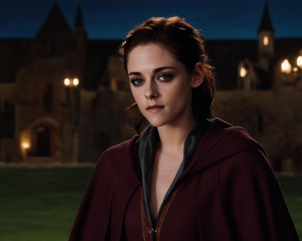 kristen_stewart, <lora:KristenStewartXL:1.0>,looking at viewer, solo, detailed background, magic circle, glowing, magical school theme), magic student, smiling, playful, magical amulet, robe, cape, dynamic pose, cinematic atmosphere, moonlit night,