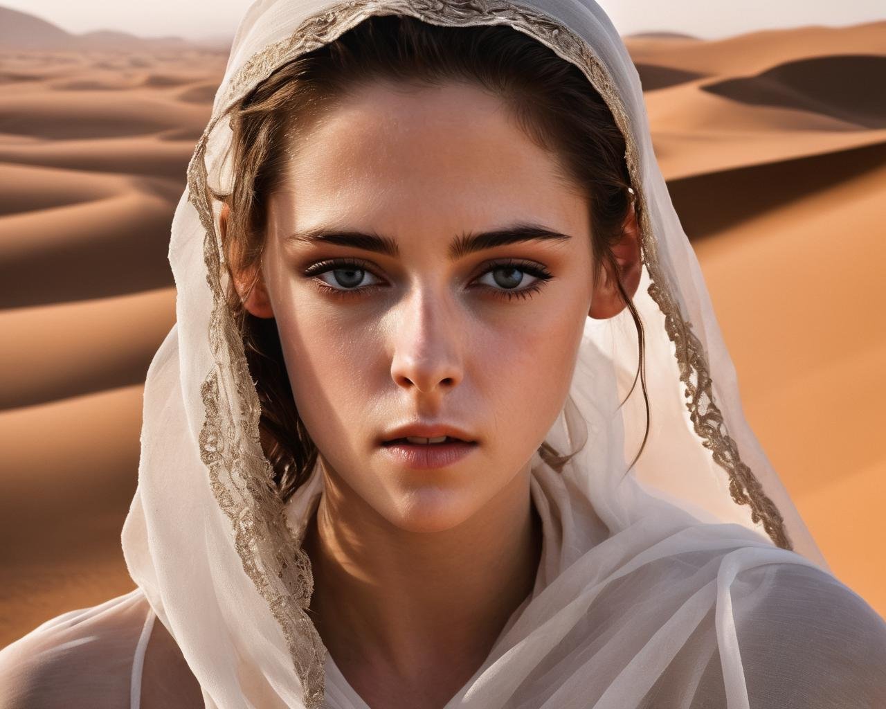 kristen_stewart, <lora:KristenStewartXL:1>, (Award Winning Photo) of (Ultra detailed),(Fearful) slim fit girl in a white veil in the sahara,(sand storm), action pose, rim light,Highly Detailed,(High Contrast),, ((sharp face, detailed face, realistic face, naturtal skin, realistic skin, detailed skin, pores, detailed eyes,realistic eyes)),