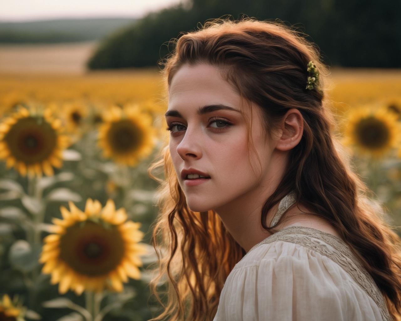 kristen_stewart, <lora:KristenStewartXL:1>,a photo of a woman wearing a boring summer dress in a field of sunflowers, happy, laughing, playful, long wavy hair, flower in hair, windy, (many flowers), scarecrow in background, raven, soft light, golden hour, upper body, (close up),, ((sharp face, detailed face, realistic face, naturtal skin, realistic skin, detailed skin, pores, detailed eyes,realistic eyes)),