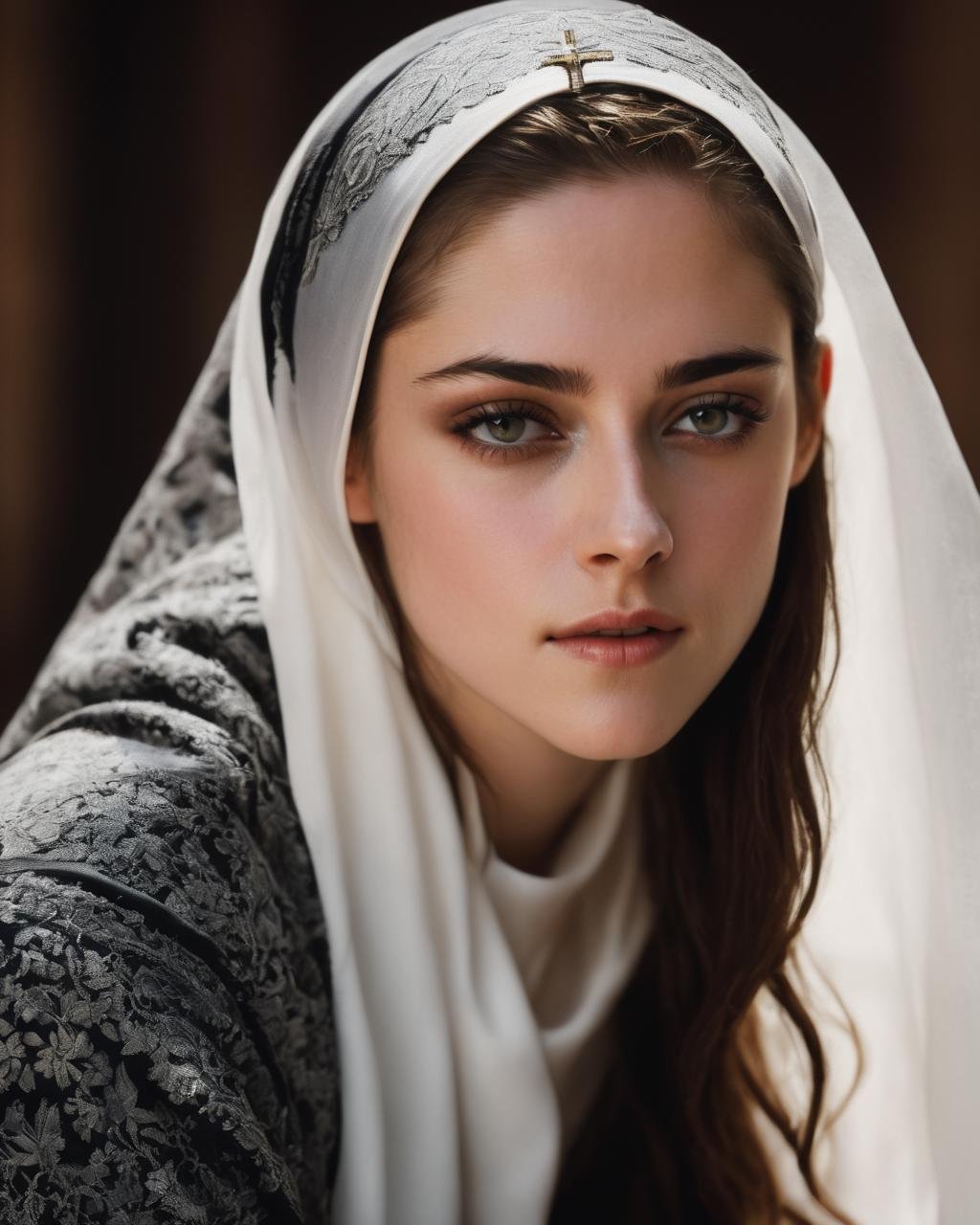 kristen_stewart, <lora:KristenStewartXL:1>,a woman, sitting on a bench in a dark church, nun, hijab, happy, smiling, posing for the camera, (looking at viewer),, ((sharp face, detailed face, realistic face, naturtal skin, realistic skin, detailed skin, pores, detailed eyes,realistic eyes)),, (masterpiece, best quality, ultra-detailed, best shadow), high contrast, (best illumination), ((cinematic light)), colorful, hyper detail, dramatic light, intricate details, (1 girl, solo) , ultra detailed artistic photography, dreamy, backlit, shadows, ultra high definition, 8k, ultra sharp focus, ultra high quality model, soft lighting, film photography, analogue photography, hyperrealism,