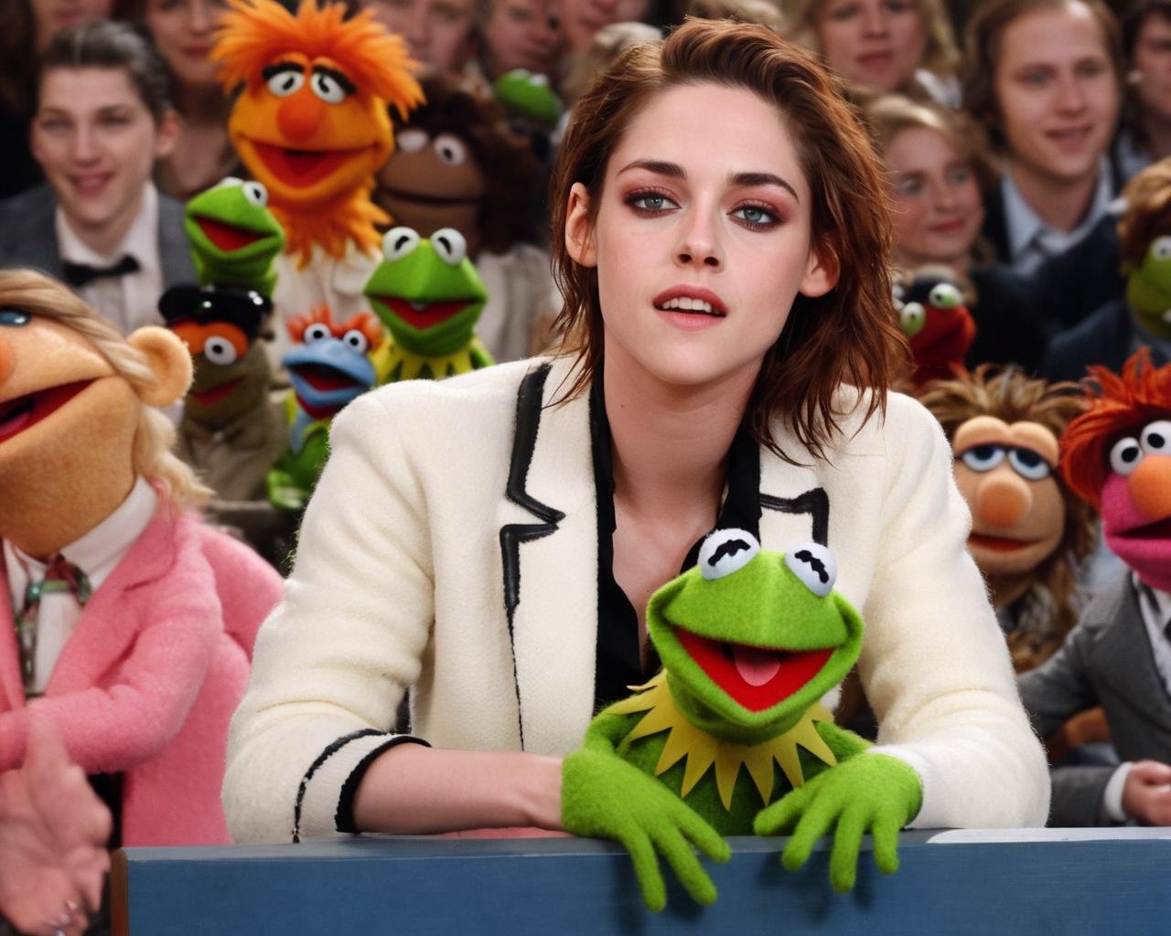 kristen_stewart, <lora:KristenStewartXL:1>,a photo of a woman wearing a white sweater and a black leather jacket, being a guest in ((the muppet show)), flirting with kermit the frog, upper body,, ((sharp face, detailed face, realistic face, naturtal skin, realistic skin, detailed skin, pores, detailed eyes,realistic eyes)),