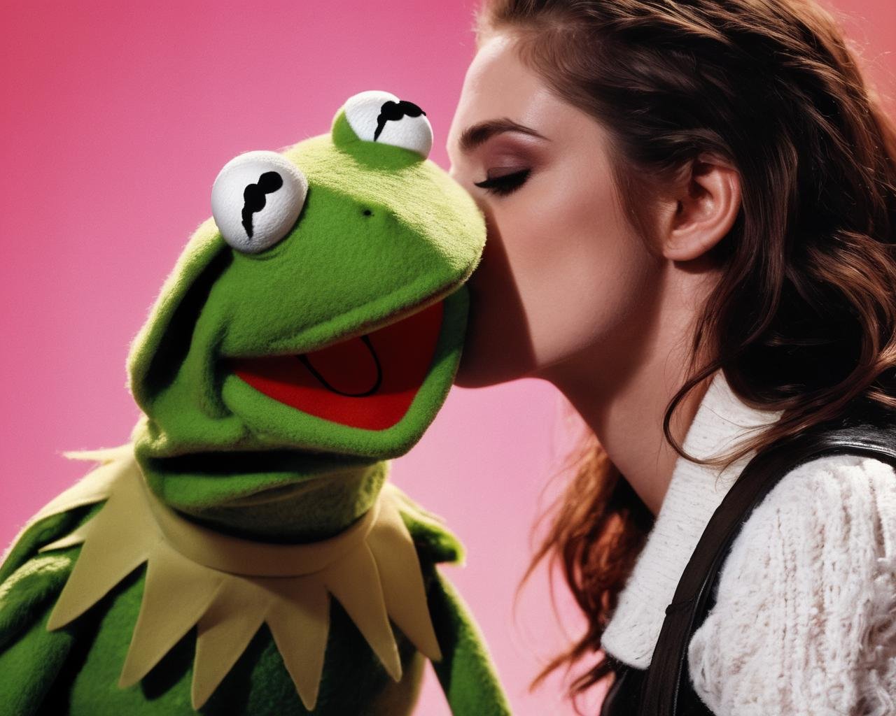 kristen_stewart, <lora:KristenStewartXL:1>,a photo of a woman wearing a white sweater and a black leather jacket, being a guest in ((the muppet show)), (((kissing kermit the frog))),  jealous miss piggy in background, ((sharp face, detailed face, realistic face, naturtal skin, realistic skin, detailed skin, pores, detailed eyes,realistic eyes)),, (masterpiece, best quality, ultra-detailed, best shadow), high contrast, (best illumination), ((cinematic light)), colorful, hyper detail, dramatic light, intricate details, (1 girl, solo) , ultra detailed artistic photography, dreamy, backlit, shadows, ultra high definition, 8k, ultra sharp focus, ultra high quality model, soft lighting, film photography, analogue photography, hyperrealism,