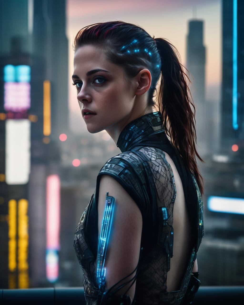 kristen_stewart, <lora:KristenStewartXL:1.0>,(8k raw photo) ultrarealistic, mature woman with electric cybernetics embedded in skin, cybernetic implants, piercing gaze, looking at viewer, bustling neon skyscrapers of a 2077 cityscape, intricate white geometric lace,  award winning image, dark atmospehre, cyberpunk, Blade Runner style.