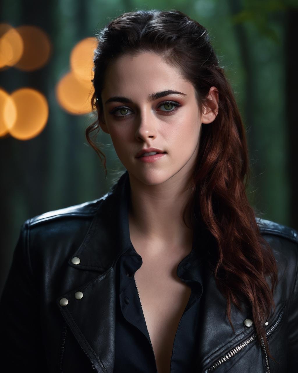 kristen_stewart, <lora:KristenStewartXL:1.0>,looking at viewer, solo, detailed background, magic circle, glowing, dark forest scene), vampire, smiling, playful, amulet, leather jacket,leather jeans, dynamic pose,, (masterpiece, best quality, ultra-detailed, best shadow), high contrast, (best illumination), ((cinematic light)), colorful, hyper detail, dramatic light, intricate details, (1 girl, solo) , ultra detailed artistic photography, dreamy, backlit, shadows, ultra high definition, 8k, ultra sharp focus, ultra high quality model, soft lighting, film photography, analogue photography, hyperrealism,, ((sharp face, detailed face, realistic face, naturtal skin, realistic skin, detailed skin, pores, detailed eyes,realistic eyes)),