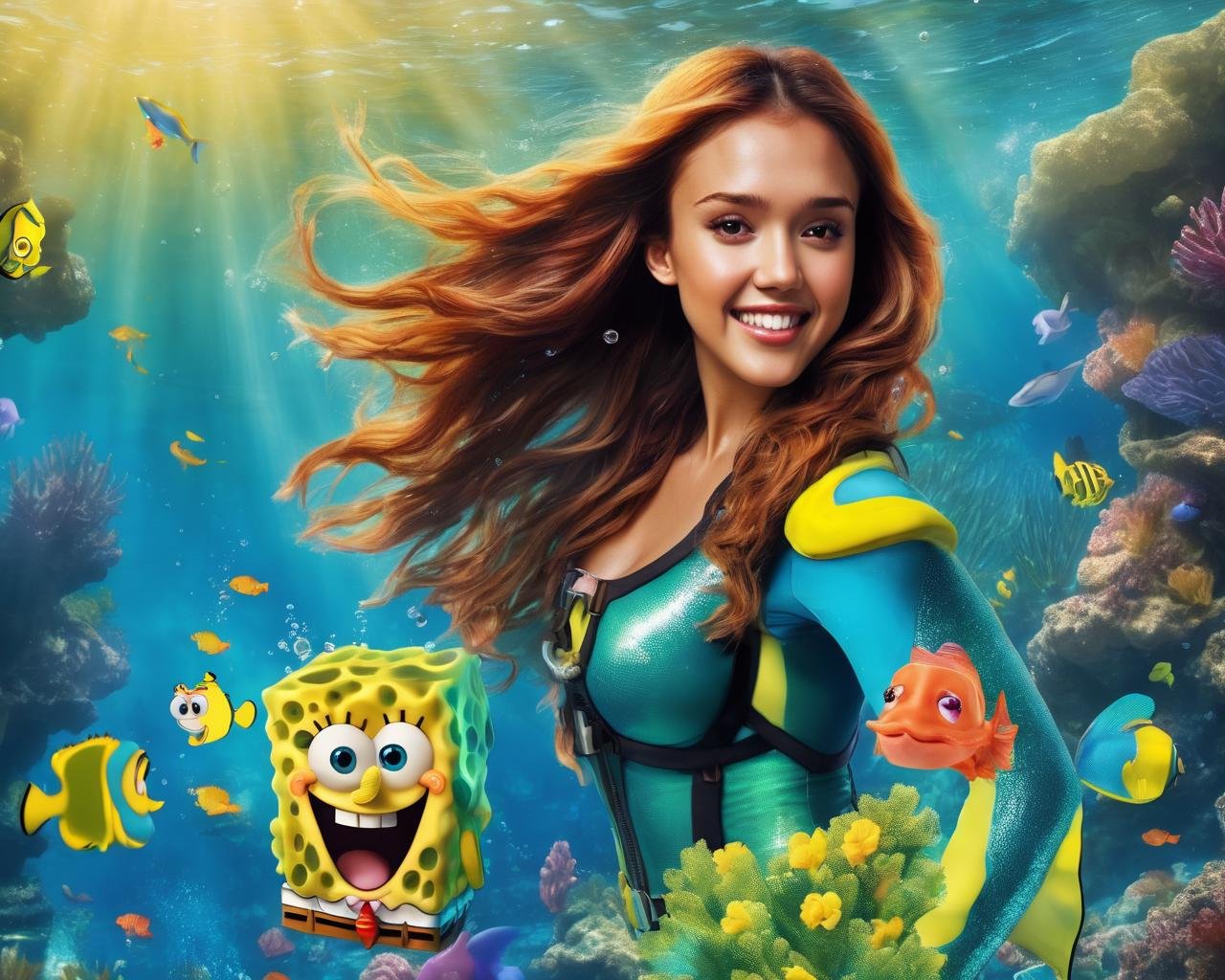 jessica_alba, <lora:JessicaAlbaXL:1>, portrait of a woman diving with spongebob squarepants in a beautiful lagoon, mermaid, diving suit, red hair, happy, smiling, under water, air bubbles, soaking wet, long wet hair, dolphins, tropical fish in background,  glow effects, godrays,