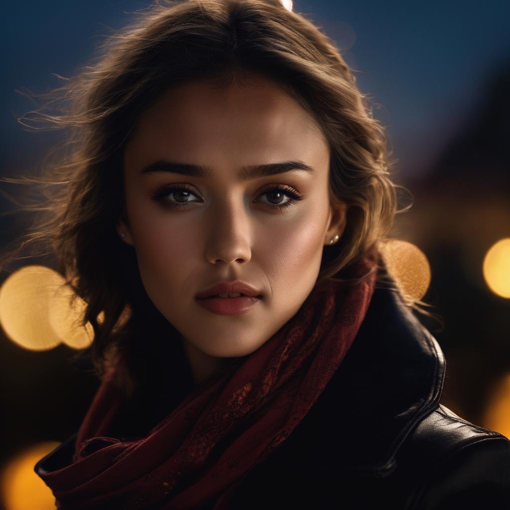 jessica_alba,<lora:JessicaAlbaXL:1>, a woman with a scarf around her neck, professional photography, ((portrait, red shirt , black jacket, black pants)), city at night, ((dark night, midnight, full moon, starry sky)),, ((sharp face, detailed face, realistic face, naturtal skin, realistic skin, detailed skin, pores, detailed eyes,realistic eyes)),, (masterpiece, best quality, ultra-detailed, best shadow), high contrast, (best illumination), ((cinematic light)), colorful, hyper detail, dramatic light, intricate details, (1 girl, solo) , ultra detailed artistic photography, dreamy, backlit, shadows, ultra high definition, 8k, ultra sharp focus, ultra high quality model, soft lighting, film photography, analogue photography, hyperrealism,