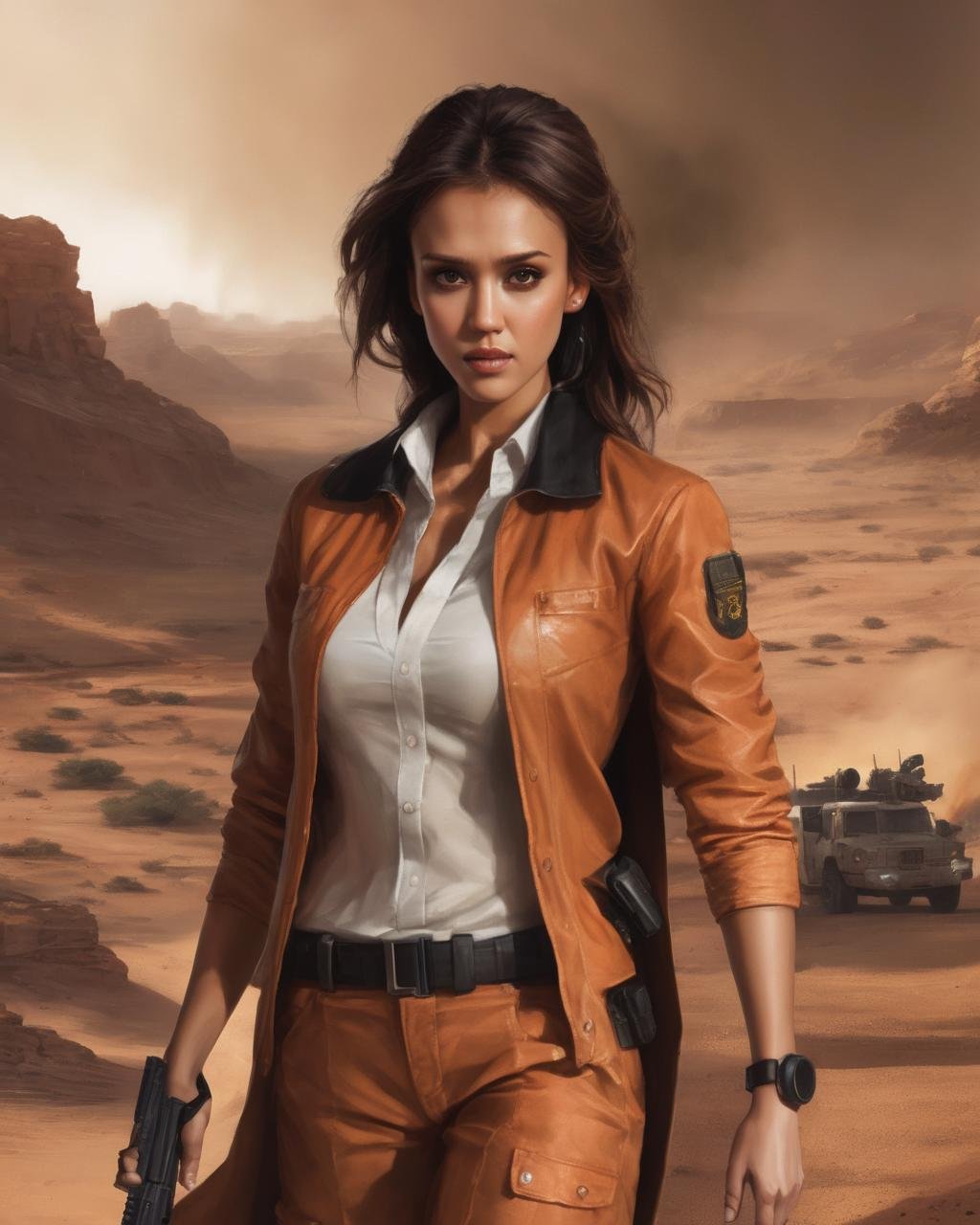 jessica_alba, <lora:JessicaAlbaXL:1>, portrait, solo, upper body, looking at viewer, detailed background, detailed face, (arid desert middle-eastern theme:1.1), spy, espionage, secret mission, heist, covert operation, gadgets, orange spy clothes, explosions in background, shadows, cinematic atmosphere,, ((sharp face, detailed face, realistic face, naturtal skin, realistic skin, detailed skin, pores, detailed eyes,realistic eyes)),