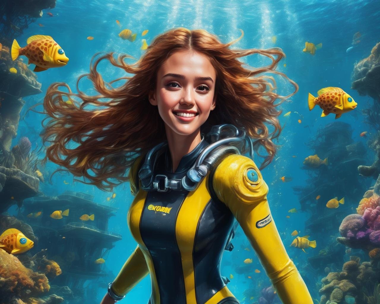 jessica_alba, <lora:JessicaAlbaXL:1>, portrait of a woman diving with spongebob squarepants in a beautiful lagoon,  full body diving suit, red hair, happy, smiling, under water, air bubbles, soaking wet, long wet hair, dolphins, tropical fish in background,  glow effects, godrays, shipwreck in background, (masterpiece, best quality, ultra-detailed, best shadow), high contrast, (best illumination), ((cinematic light)), colorful, hyper detail, dramatic light, intricate details, (1 girl, solo) , ultra detailed artistic photography, dreamy, backlit, shadows, ultra high definition, 8k, ultra sharp focus, ultra high quality model, soft lighting, film photography, analogue photography, hyperrealism,, ((sharp face, detailed face, realistic face, naturtal skin, realistic skin, detailed skin, pores, detailed eyes,realistic eyes)),