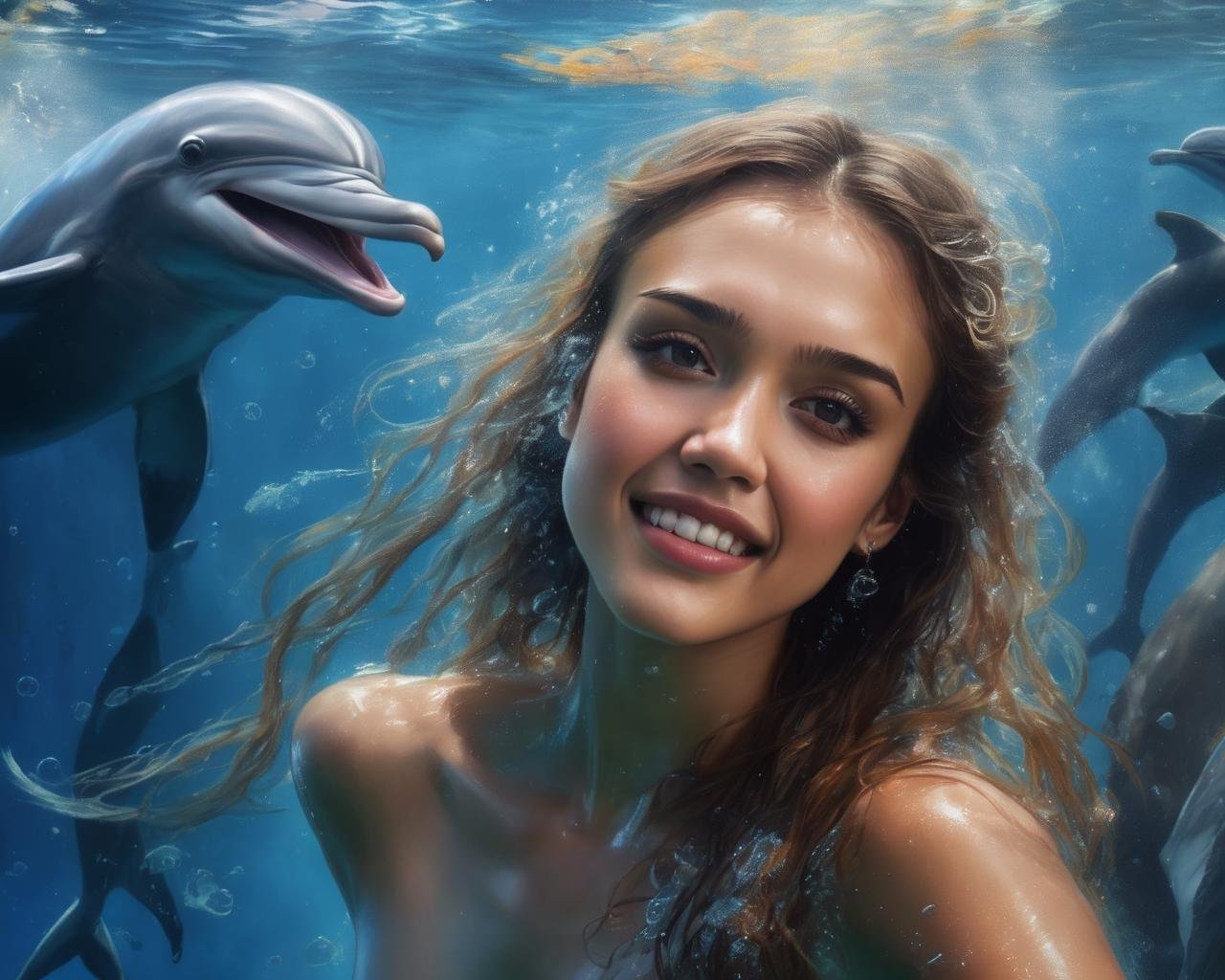 jessica_alba, <lora:JessicaAlbaXL:1>, portrait of a woman diving with a dolphin in a beautiful lagoon, mermaid, happy, smiling, under water, air bubbles, soaking wet, long wet hair, dolphins, tropical fish in background,  glow effects, godrays,, ((sharp face, detailed face, realistic face, naturtal skin, realistic skin, detailed skin, pores, detailed eyes,realistic eyes)),