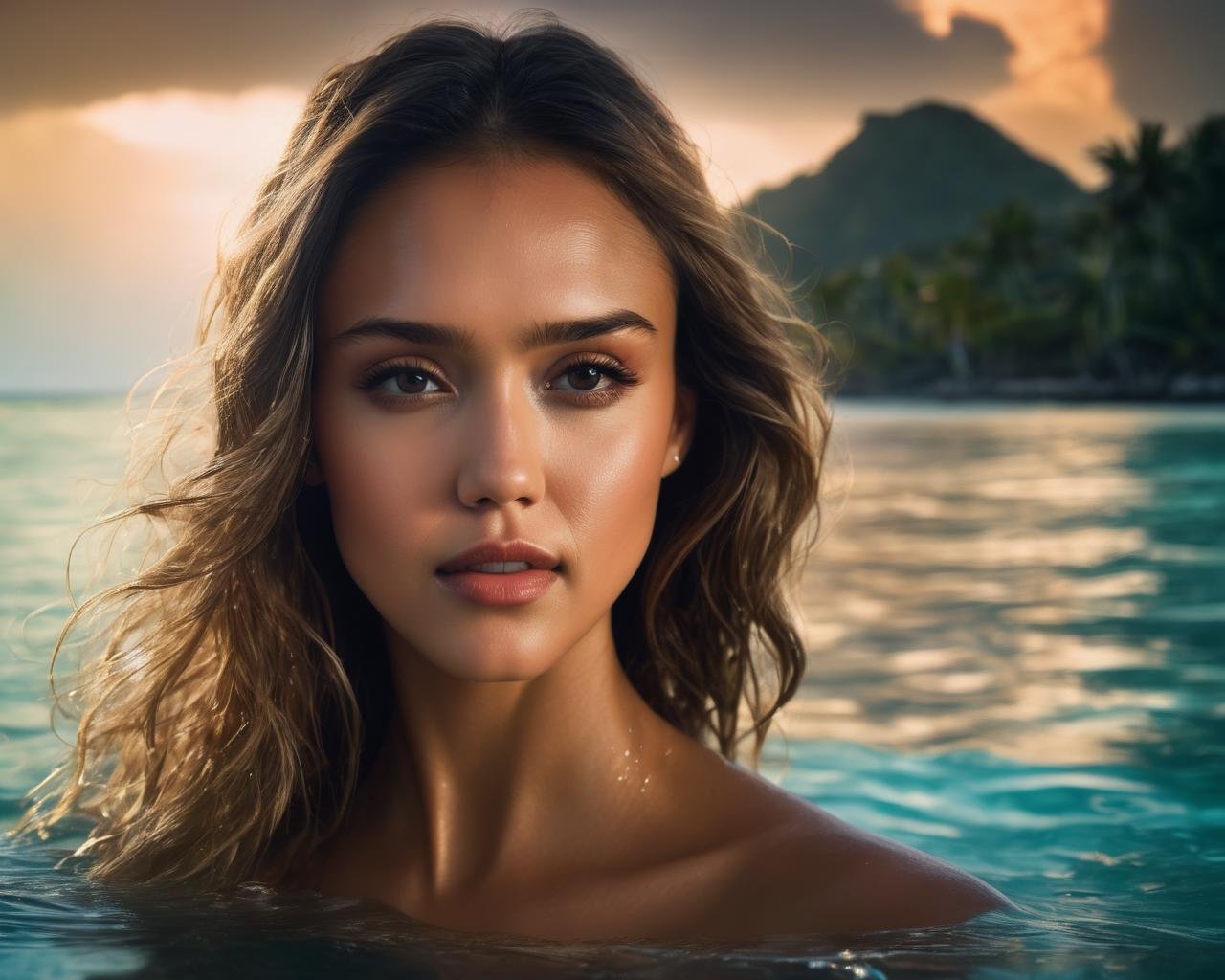 jessica_alba, <lora:JessicaAlbaXL:1>, portrait of a woman swimming in a beautiful lagoon, soaking wet, long wet hair, tropical island in background,  glow effects, godrays,, (masterpiece, best quality, ultra-detailed, best shadow), high contrast, (best illumination), ((cinematic light)), colorful, hyper detail, dramatic light, intricate details, (1 girl, solo) , ultra detailed artistic photography, dreamy, backlit, shadows, ultra high definition, 8k, ultra sharp focus, ultra high quality model, soft lighting, film photography, analogue photography, hyperrealism,, ((sharp face, detailed face, realistic face, naturtal skin, realistic skin, detailed skin, pores, detailed eyes,realistic eyes)),