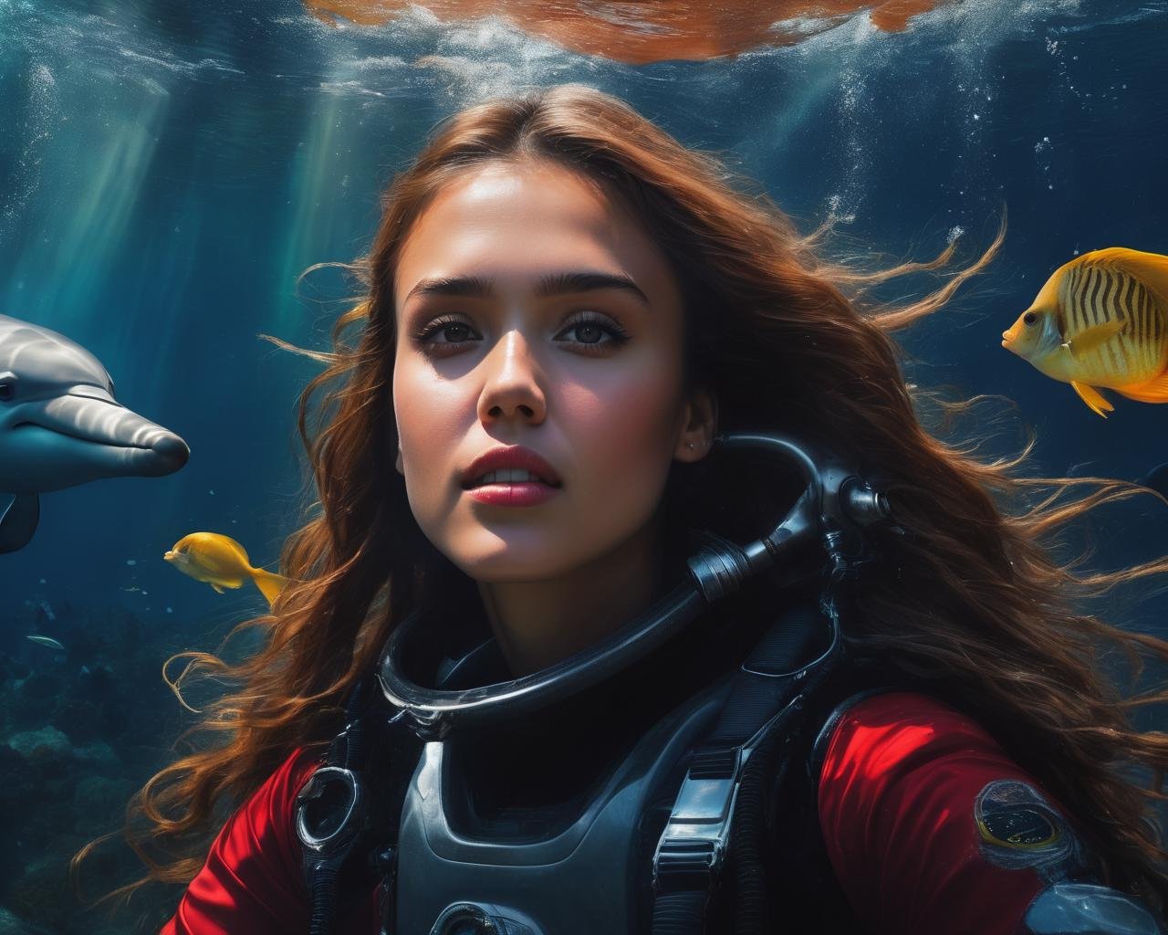 jessica_alba, <lora:JessicaAlbaXL:1>, portrait of a woman diving in a beautiful lagoon,  full body diving suit, red hair, happy, smiling, under water, air bubbles, soaking wet, long wet hair, dolphins, tropical fish in background,  glow effects, godrays, shipwreck in background, (masterpiece, best quality, ultra-detailed, best shadow), high contrast, (best illumination), ((cinematic light)), colorful, hyper detail, dramatic light, intricate details, (1 girl, solo) , ultra detailed artistic photography, dreamy, backlit, shadows, ultra high definition, 8k, ultra sharp focus, ultra high quality model, soft lighting, film photography, analogue photography, hyperrealism,, ((sharp face, detailed face, realistic face, naturtal skin, realistic skin, detailed skin, pores, detailed eyes,realistic eyes)),