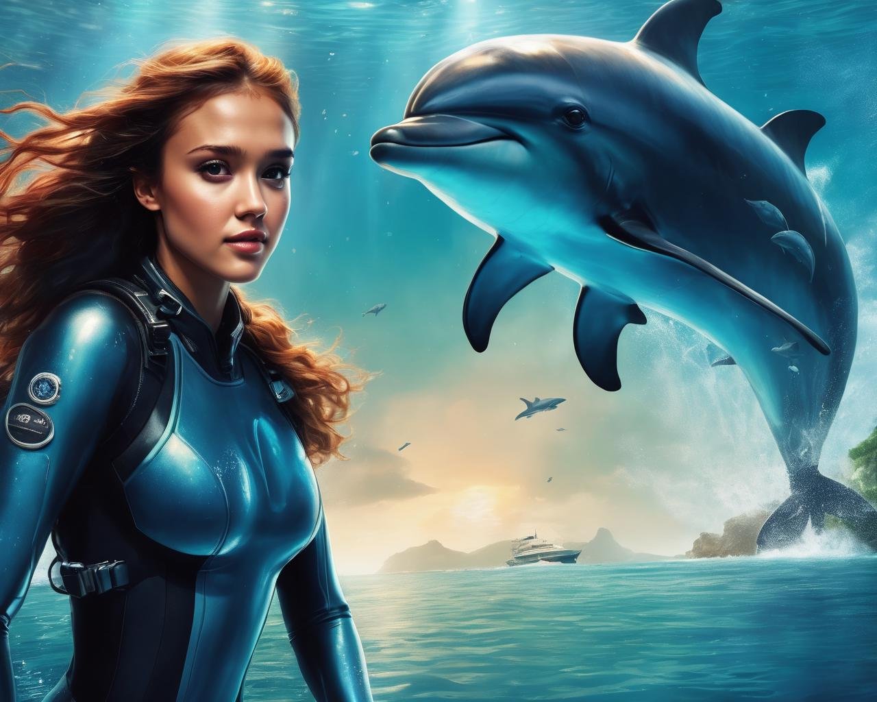 jessica_alba, <lora:JessicaAlbaXL:1>, portrait of a woman diving in a beautiful lagoon,  full body diving suit, red hair, happy, smiling, under water, air bubbles, soaking wet, long wet hair, dolphins, tropical fish in background,  glow effects, godrays, shipwreck in background, (masterpiece, best quality, ultra-detailed, best shadow), high contrast, (best illumination), ((cinematic light)), colorful, hyper detail, dramatic light, intricate details, (1 girl, solo) , ultra detailed artistic photography, dreamy, backlit, shadows, ultra high definition, 8k, ultra sharp focus, ultra high quality model, soft lighting, film photography, analogue photography, hyperrealism,, ((sharp face, detailed face, realistic face, naturtal skin, realistic skin, detailed skin, pores, detailed eyes,realistic eyes)),