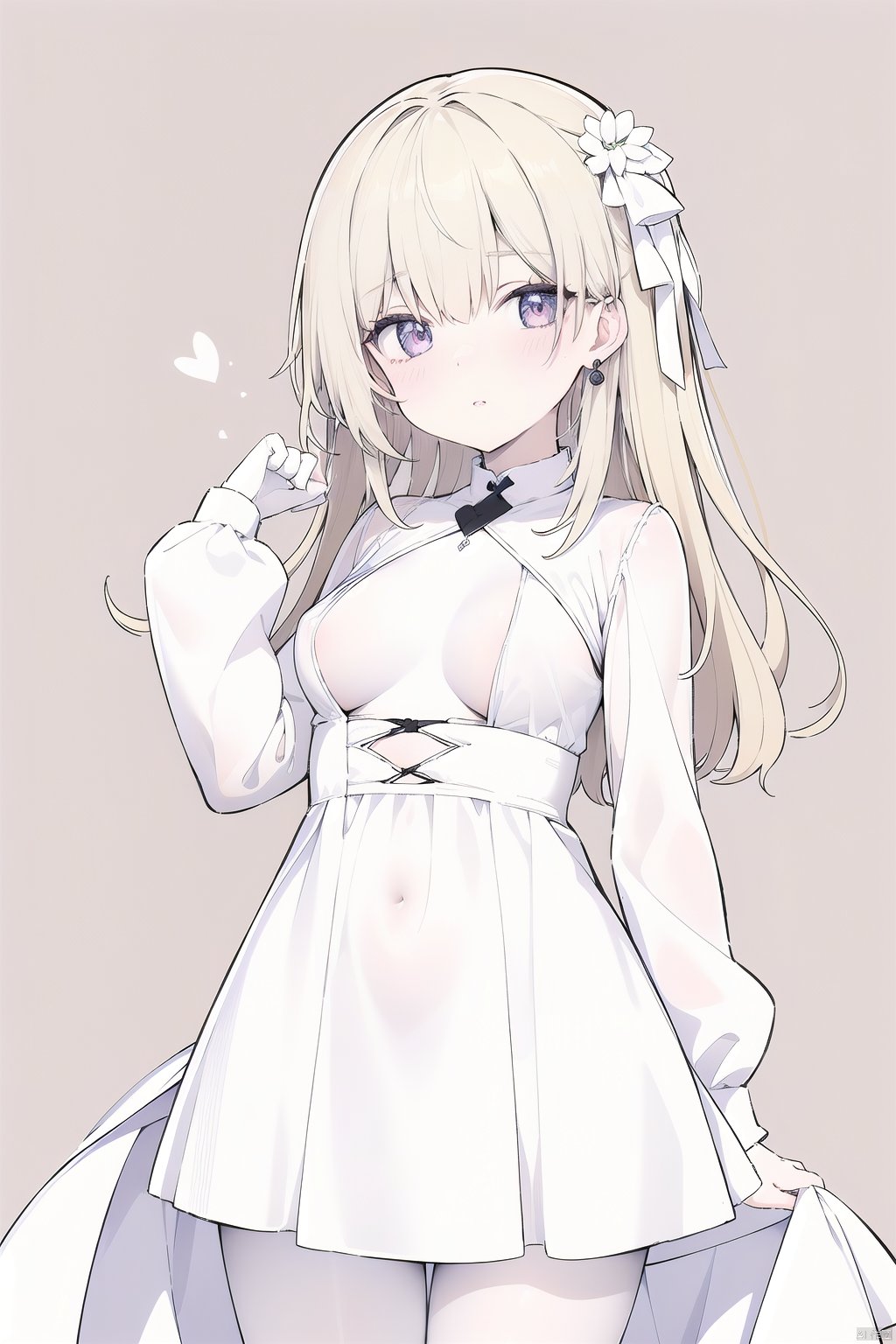  Hyperdetailed Photography,1girl,blonde,(white_skin:1.2),(medium breasts:1.1),dress,(white dress:1.3),(the ultimate dress detail),looking at viewer,long sleeves,standing,earrings,brown background,