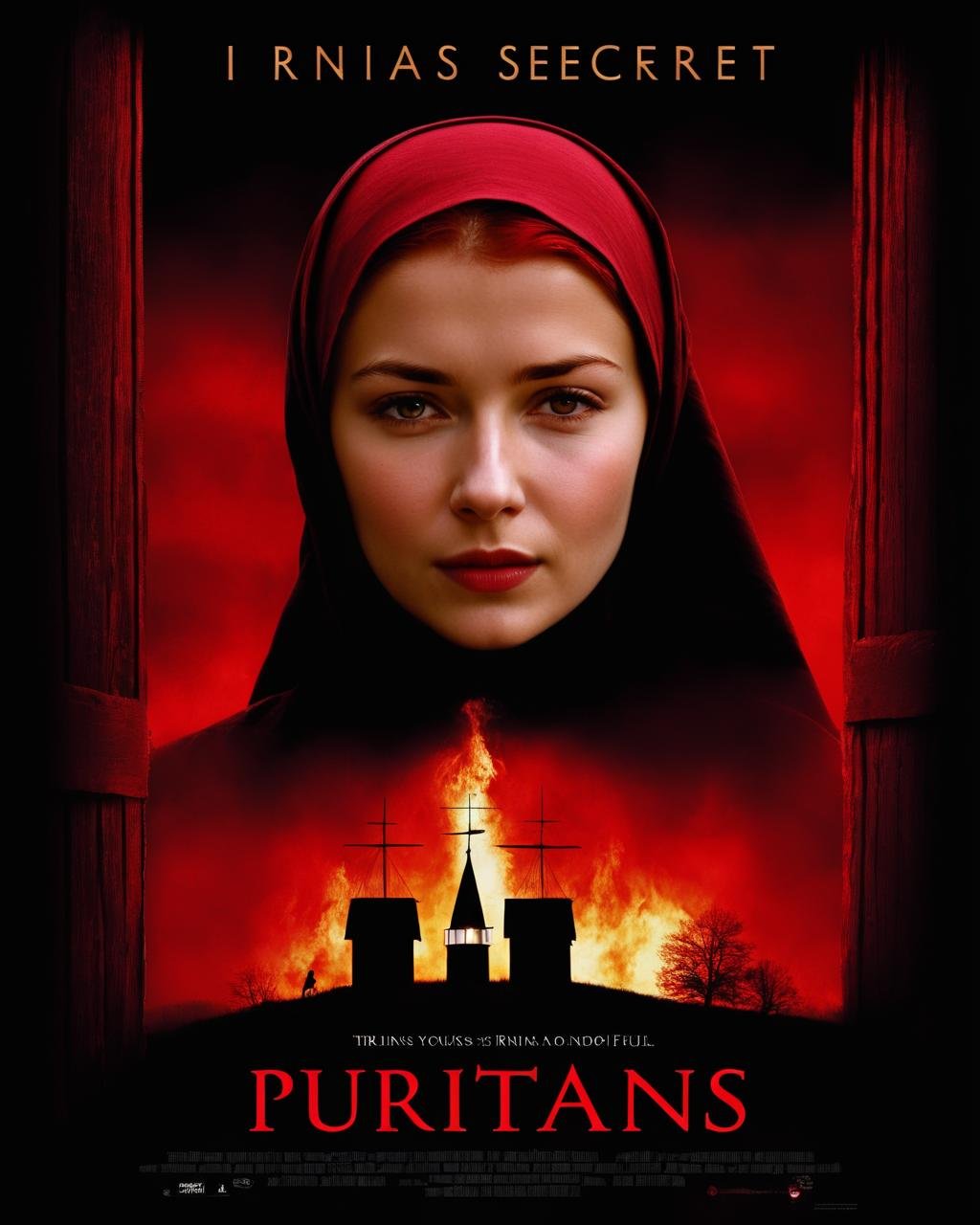 irina_meier, <lora:IrinaMeierXL:1>, Movie Poster ((titled "Puritans")) in bold red letters, ((text on bottom that says "Irinas secret" )) in bold letters, in bold red letters,  young woman, sad, whining, tears, prudish, Hijab, full covered body, red hair, prudery, no visible skin, dramatic lighing, dark atmosphere, looking at the viewer, 