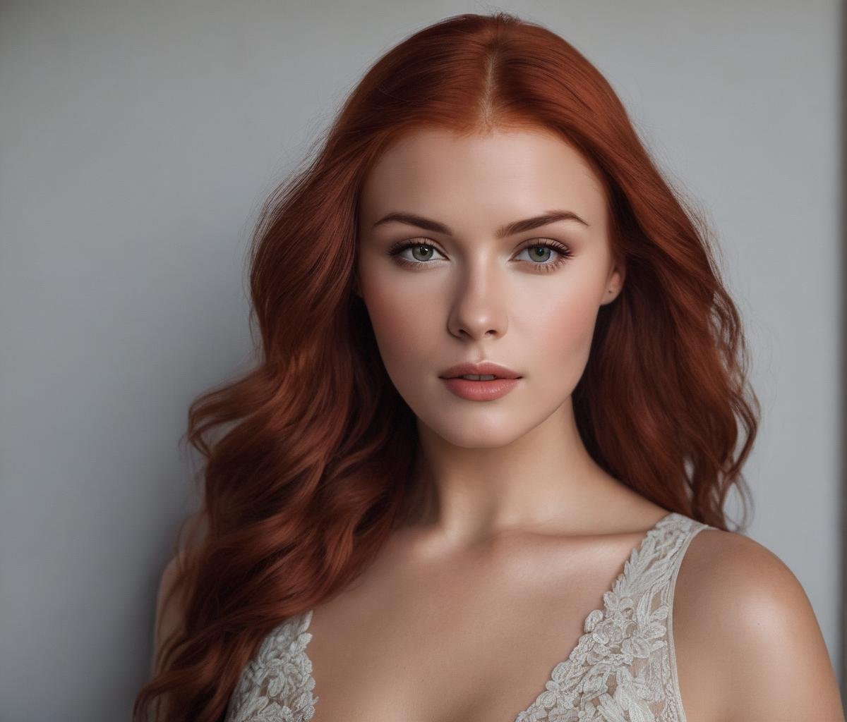 irina_meier, <lora:IrinaMeierXL:1>, red hair, portrait, realistic,, ((sharp face, detailed face, realistic face, naturtal skin, realistic skin, detailed skin, pores, detailed eyes,realistic eyes)),